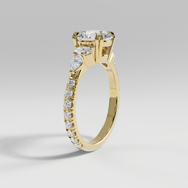ELEANOR - Round Five-Stone Diamond Ring with Oval & Pear Side Stones and Pavé Band