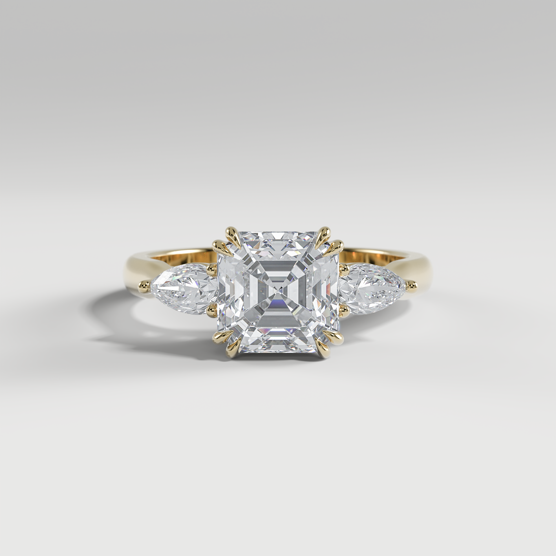 HAZEL - Asscher Three-Stone Engagement Ring with Pear Side Stones and Polished Cathedral Band