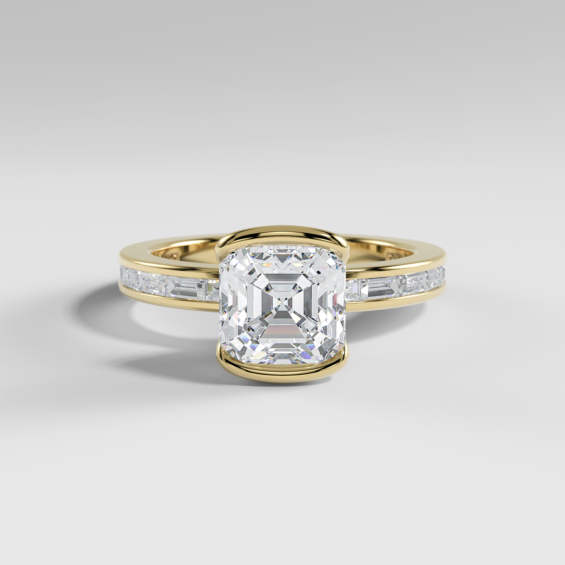 ADDISON - Asscher Solitaire Engagement Ring with Half Bezel Setting and Channel Set Baguette Band