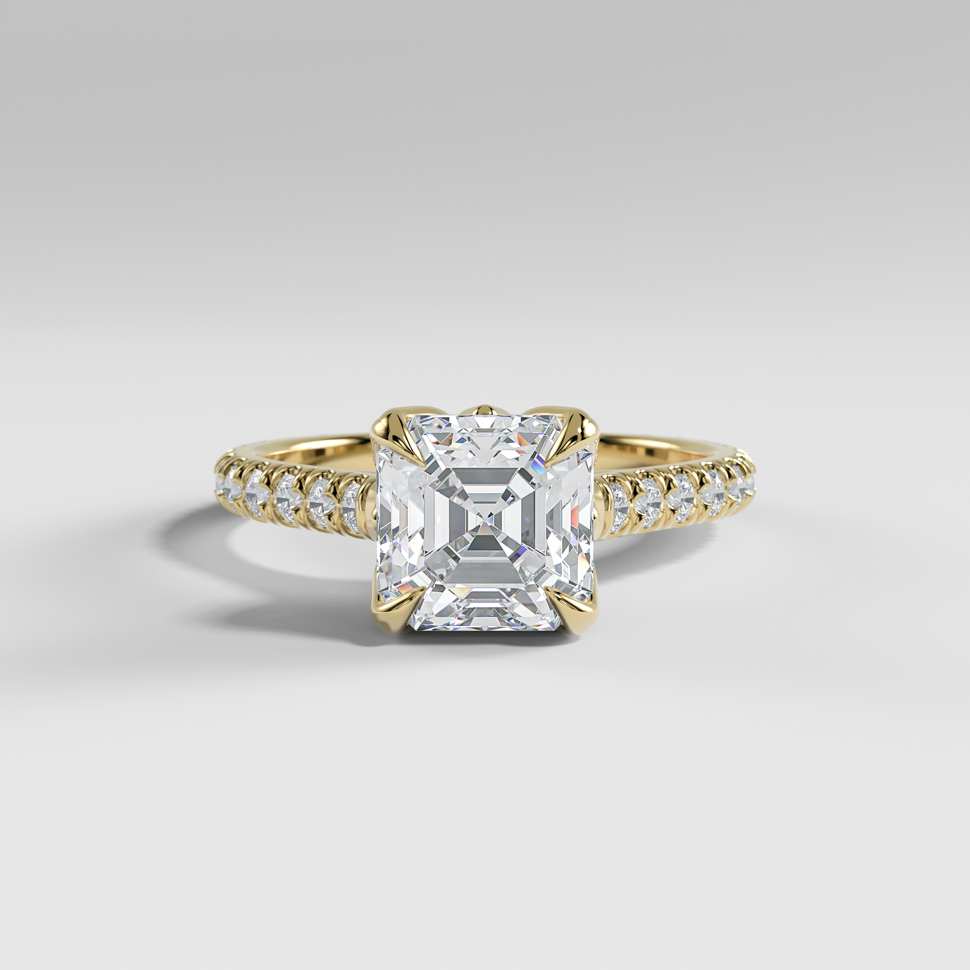 VIOLET - Asscher Solitaire Engagement Ring with Pavé Diamond Cathedral Band and Lotus Basket