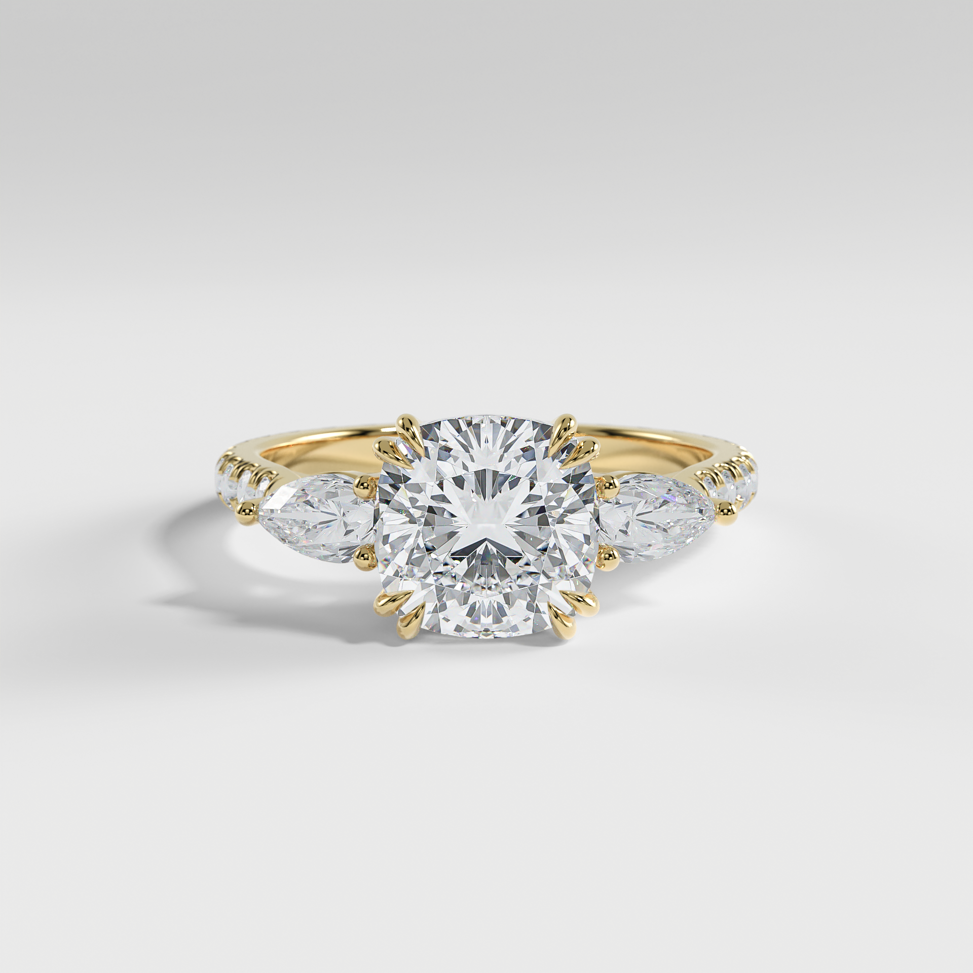 ISLA - Cushion Three-Stone Engagement Ring with Pear Side Stones and Pavé Cathedral Band