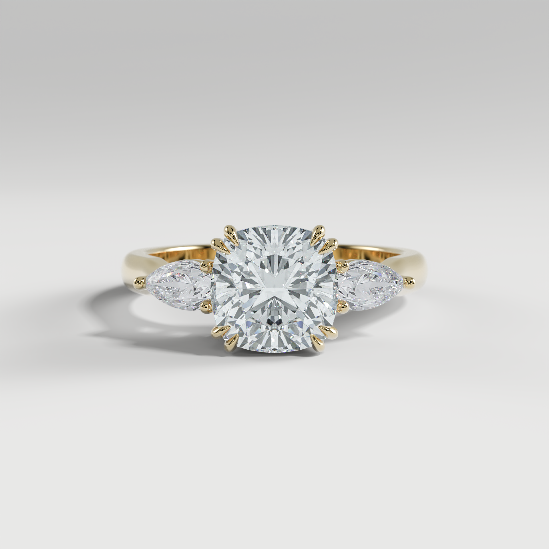 HAZEL - Cushion Three-Stone Engagement Ring with Pear Side Stones and Polished Cathedral Band