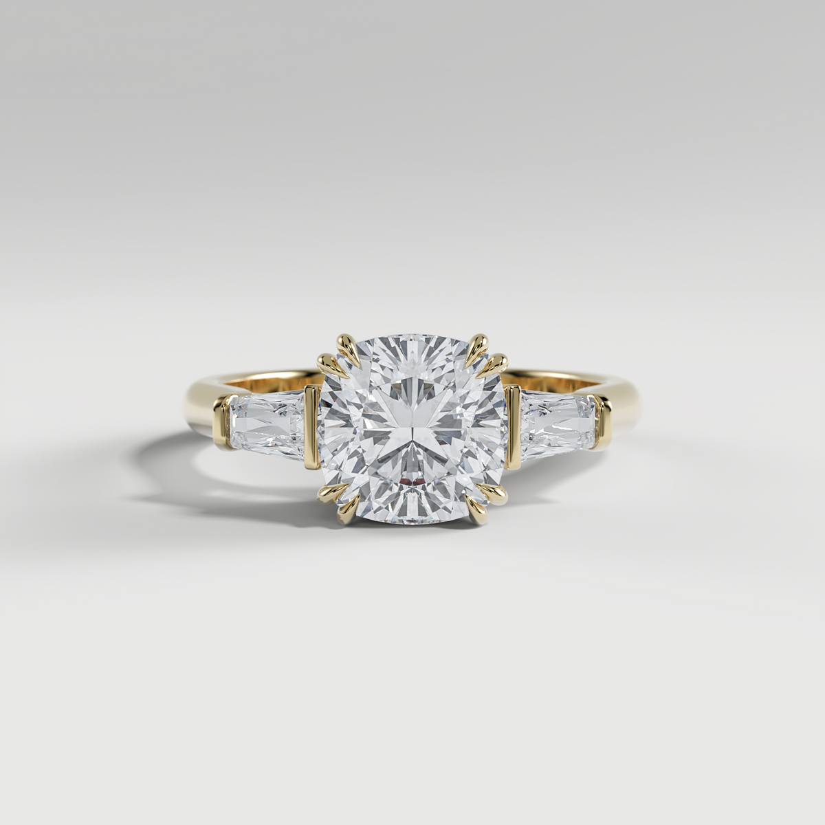 LILY - Cushion Three-Stone Engagement Ring with Tapered Baguette Side Stones and Polished Cathedral Band