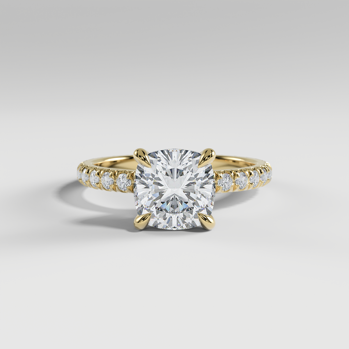 GRACE - Cushion Solitaire Engagement Ring with Pavé Diamond Band and Open Basket Setting