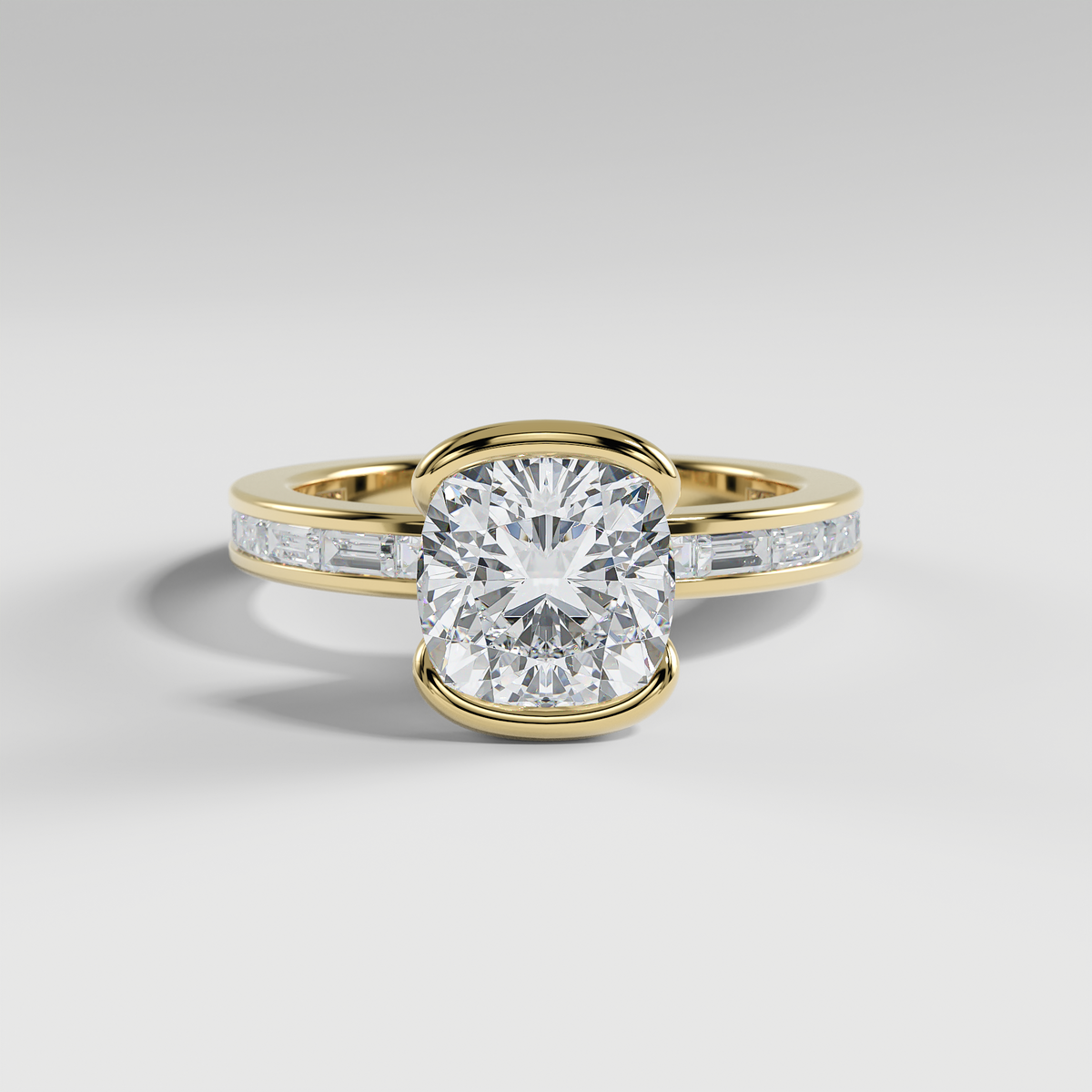 ADDISON - Cushion Solitaire Engagement Ring with Half Bezel Setting and Channel Set Baguette Band