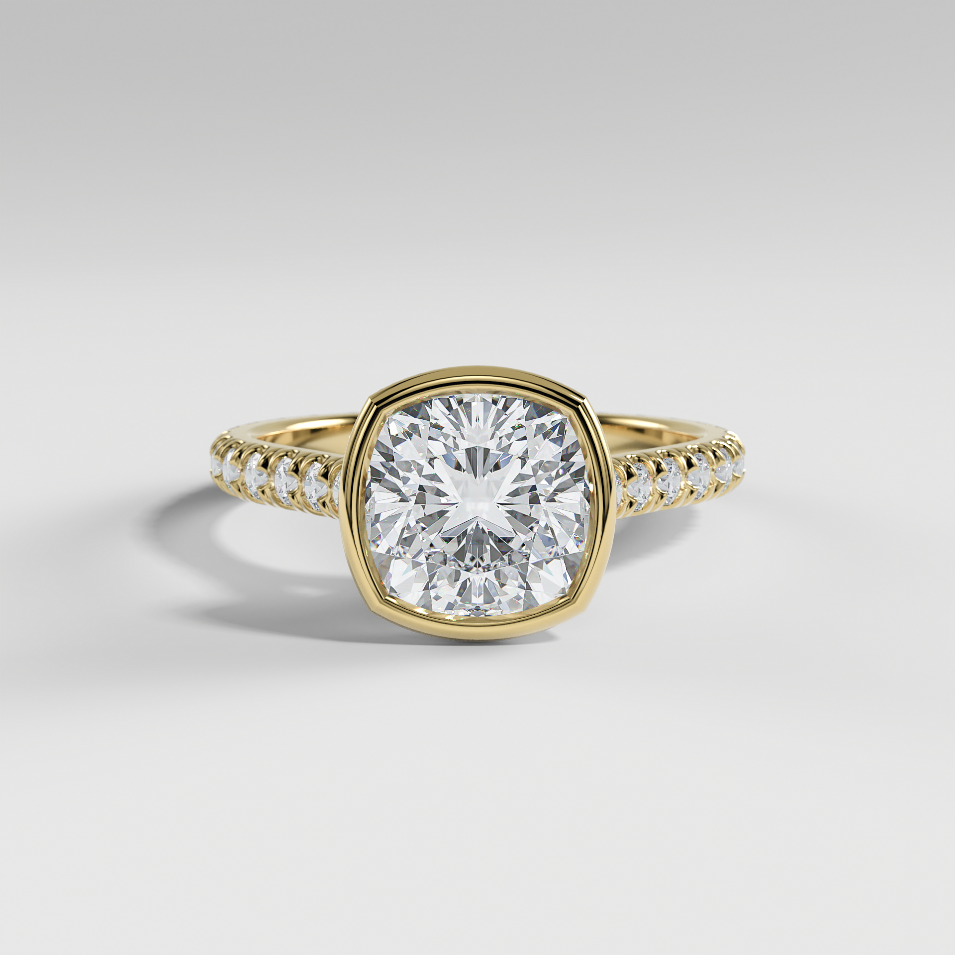 ABIGAIL - Cushion Solitaire Engagement Ring with Pavé Diamond Cathedral Band and Full Bezel Setting