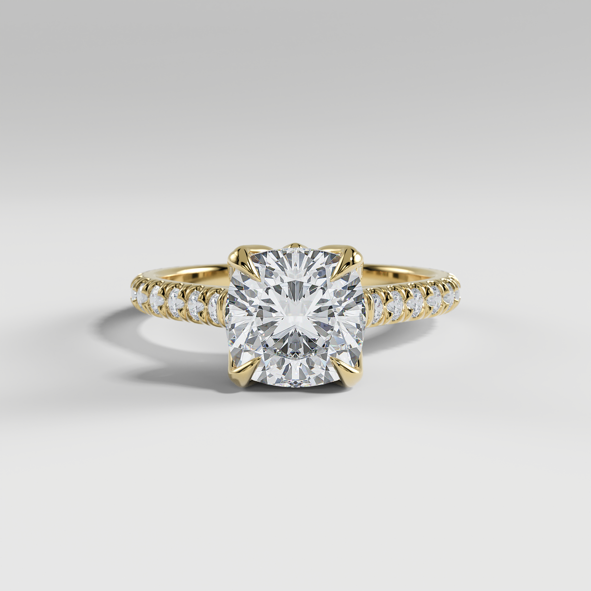 VIOLET - Cushion Solitaire Engagement Ring with Pavé Diamond Cathedral Band and Lotus Basket