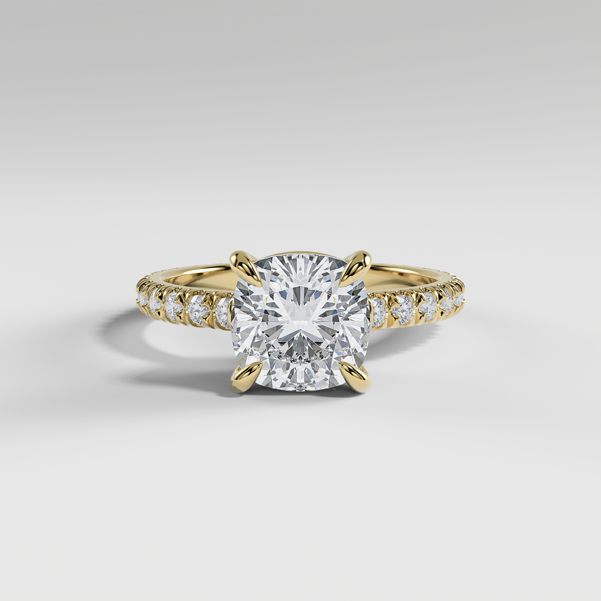 DELILAH - Cushion Solitaire Engagement Ring with Pavé Diamond Band and Low-Set Donut Basket