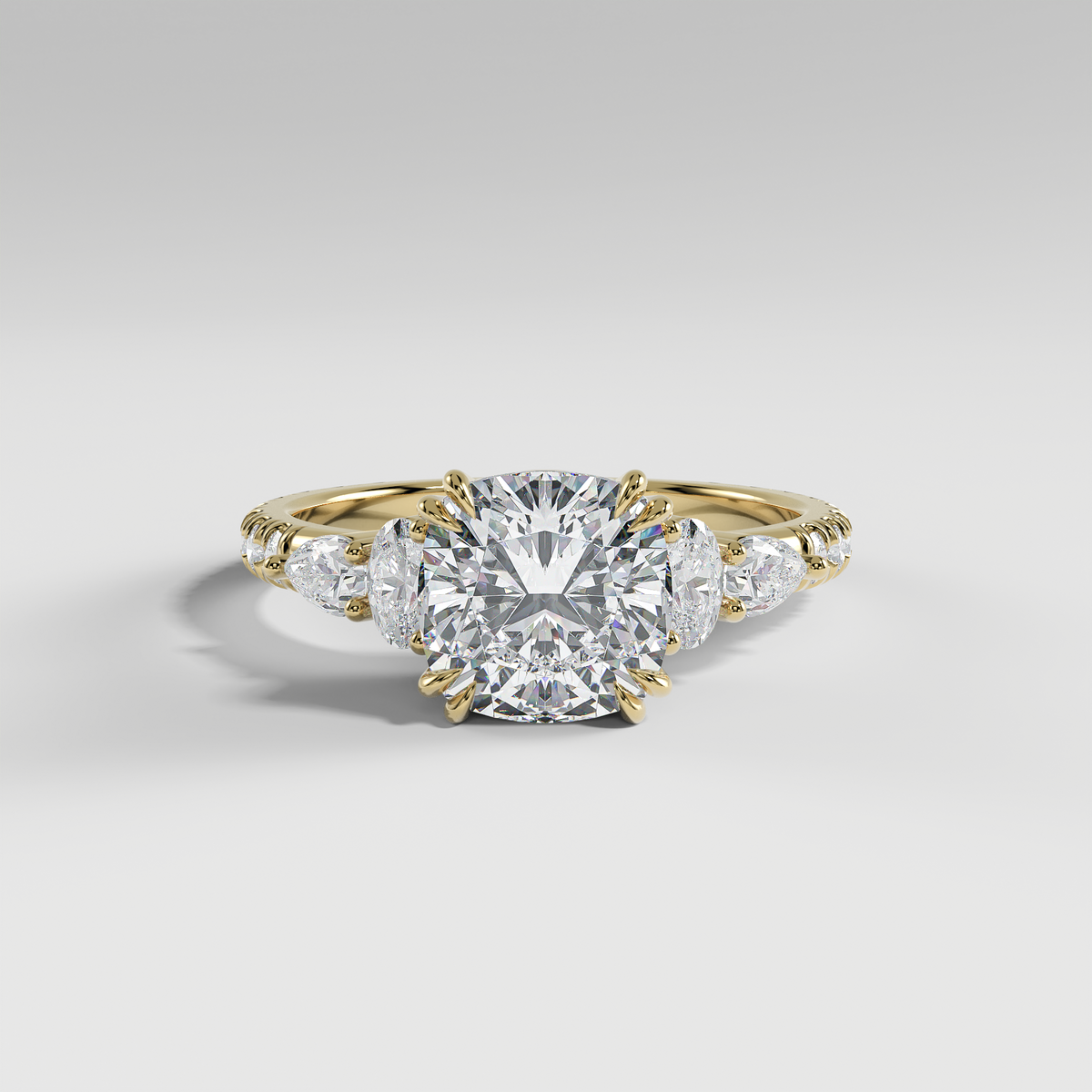 ELEANOR - Cushion Five-Stone Diamond Ring with Oval & Pear Side Stones and Pavé Band