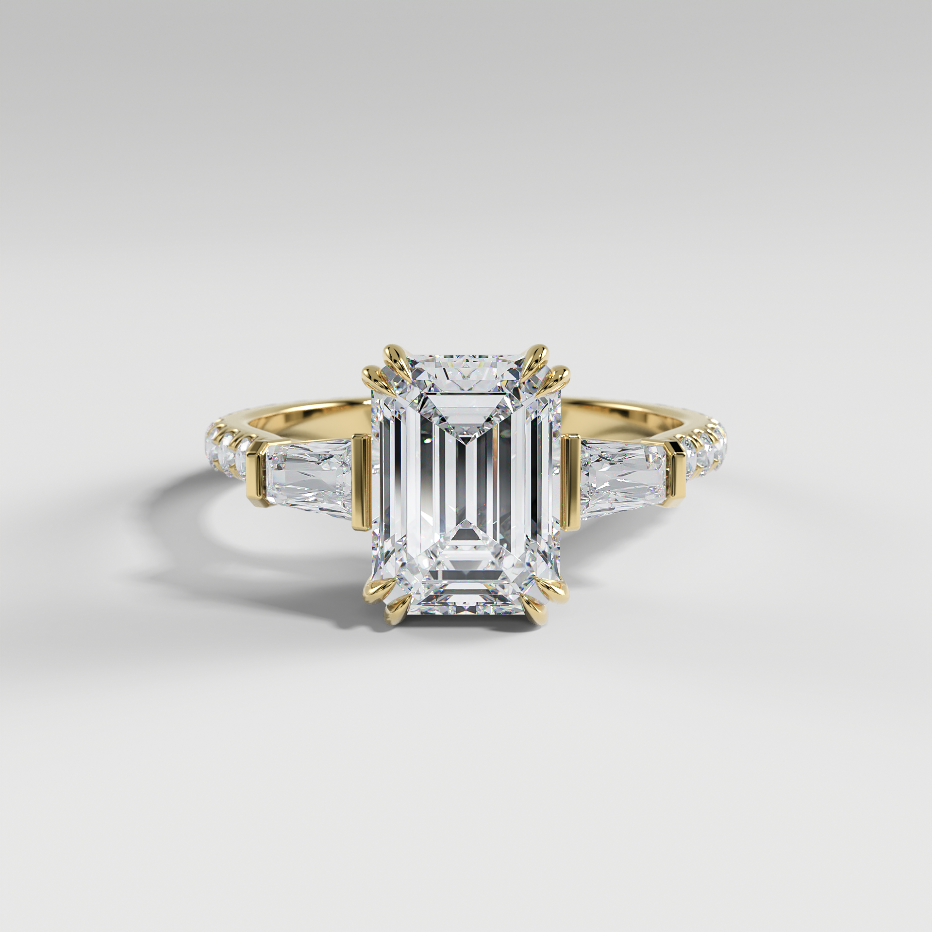 IVY - Emerald Three-Stone Engagement Ring with Tapered Baguette Side Stones and Pavé Cathedral Band