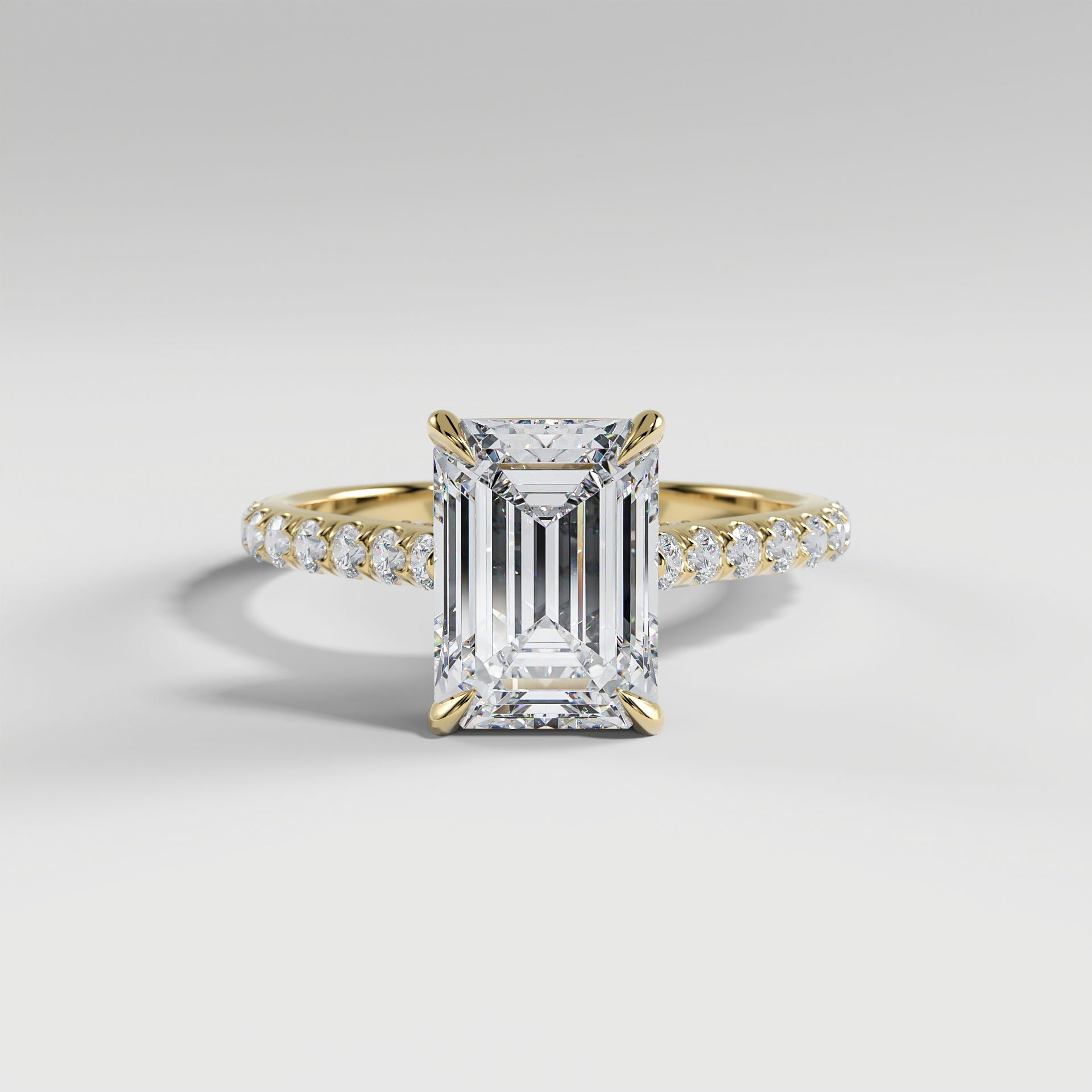 LUCY - Emerald Solitaire Engagement Ring with Pavé, Cathedral Band, Hidden Halo, and Pavé Bridge