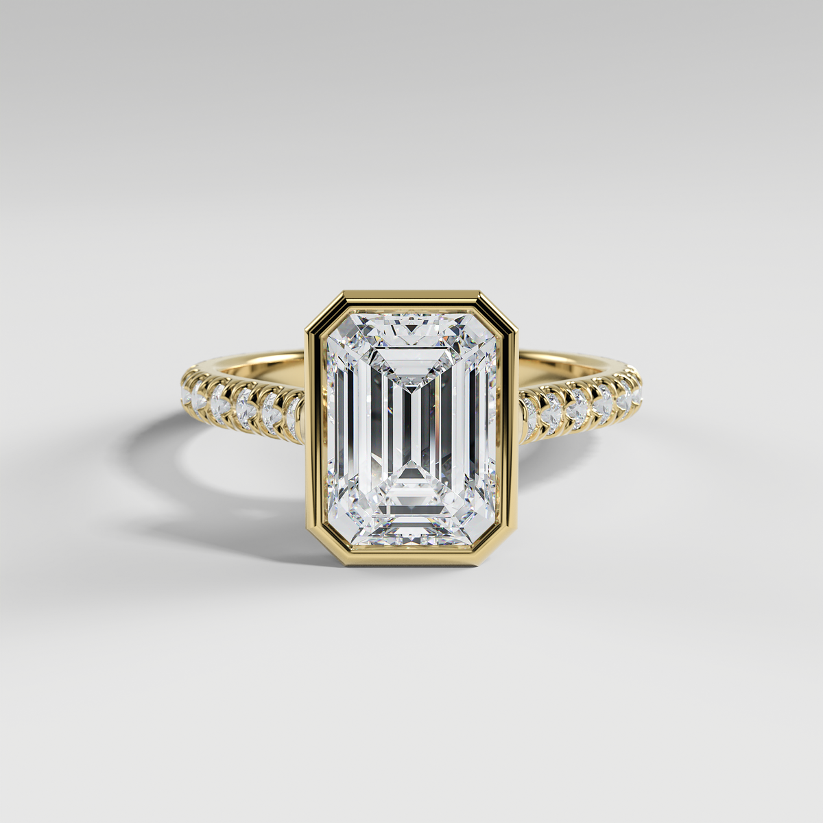 ABIGAIL - Emerald Solitaire Engagement Ring with Pavé Diamond Cathedral Band and Full Bezel Setting