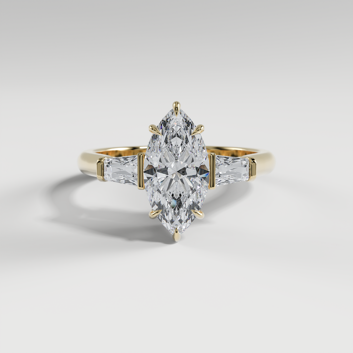 LILY - Marquise Three-Stone Engagement Ring with Tapered Baguette Side Stones and Polished Cathedral Band