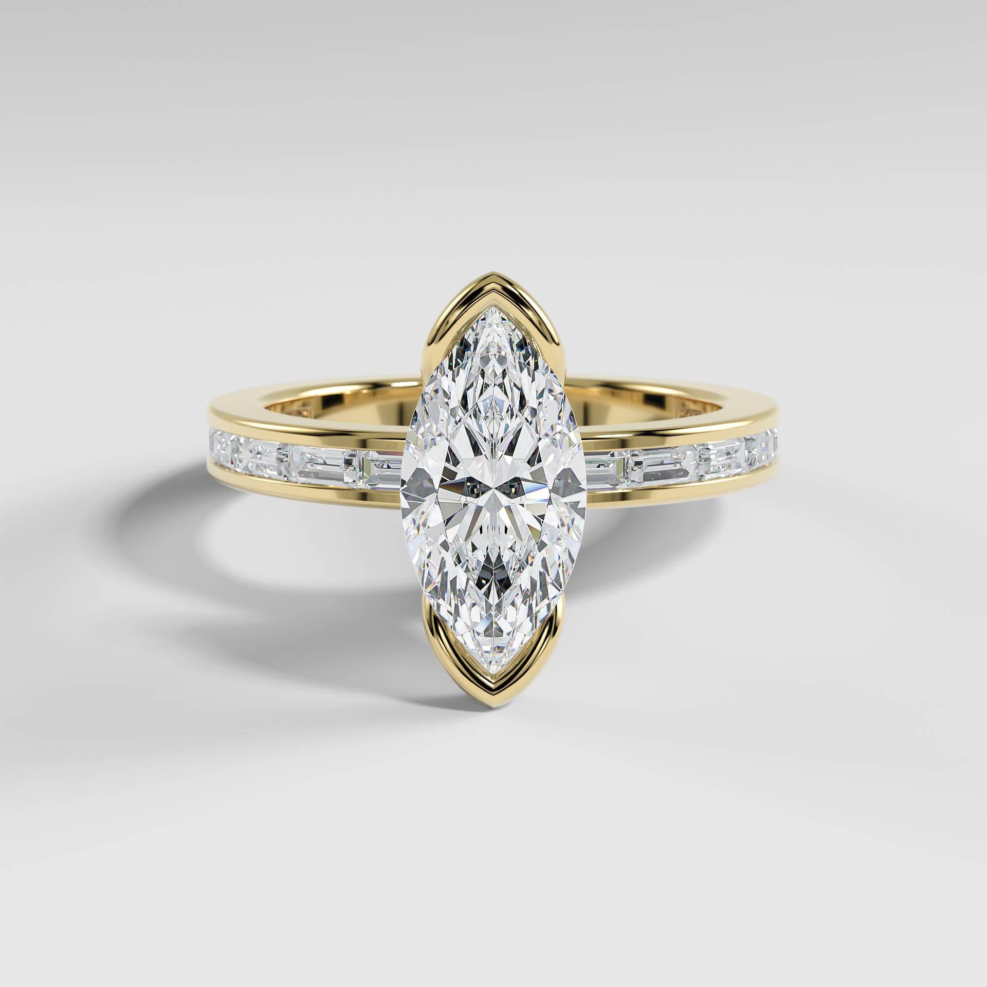 ADDISON - Marquise Solitaire Engagement Ring with Half Bezel Setting and Channel Set Baguette Band
