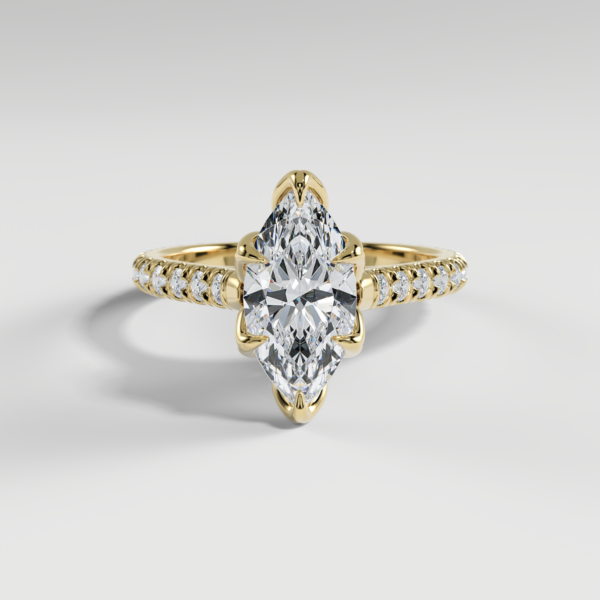 VIOLET - Marquise Solitaire Engagement Ring with Pavé Diamond Cathedral Band and Lotus Basket