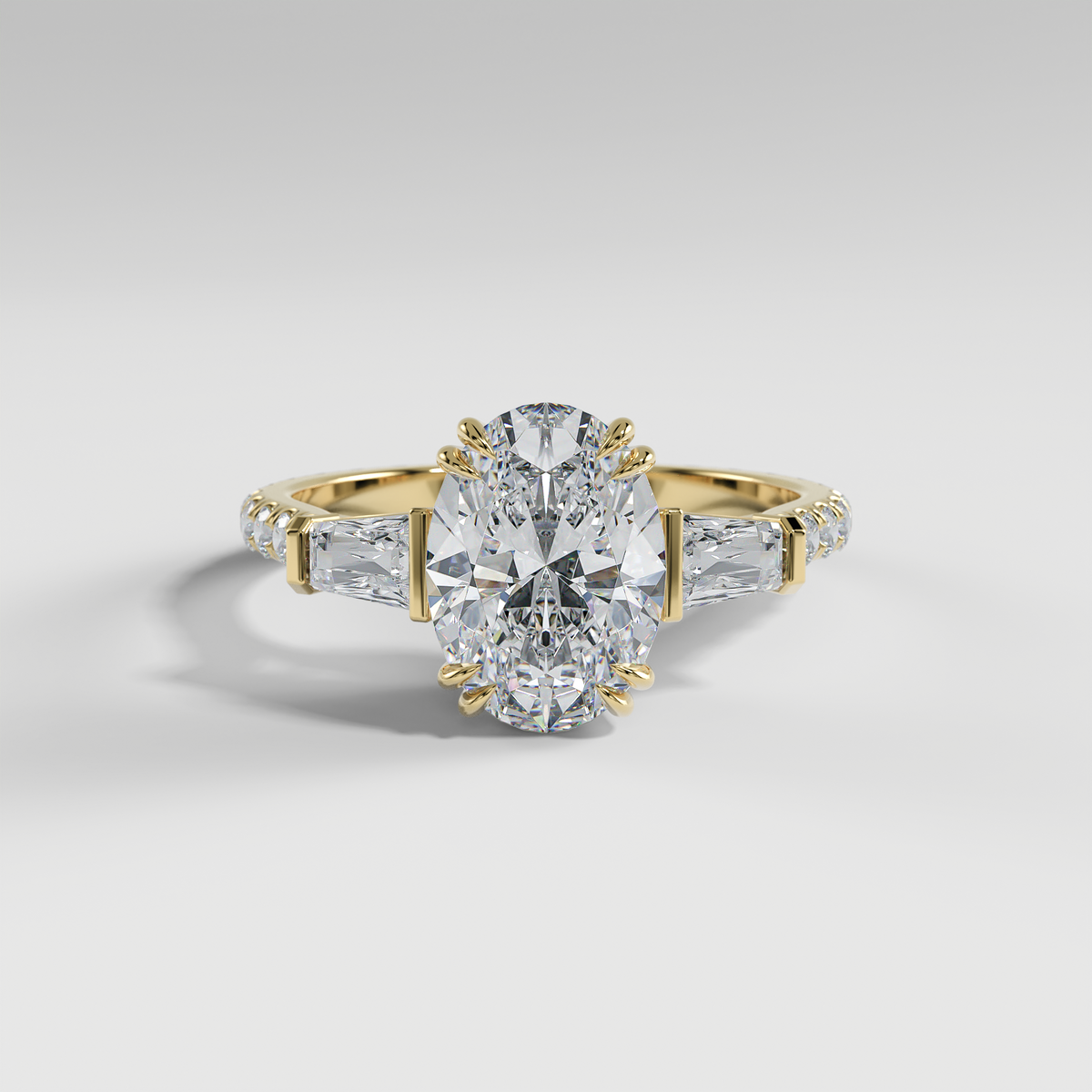 IVY - Oval Three-Stone Engagement Ring with Tapered Baguette Side Stones and Pavé Cathedral Band