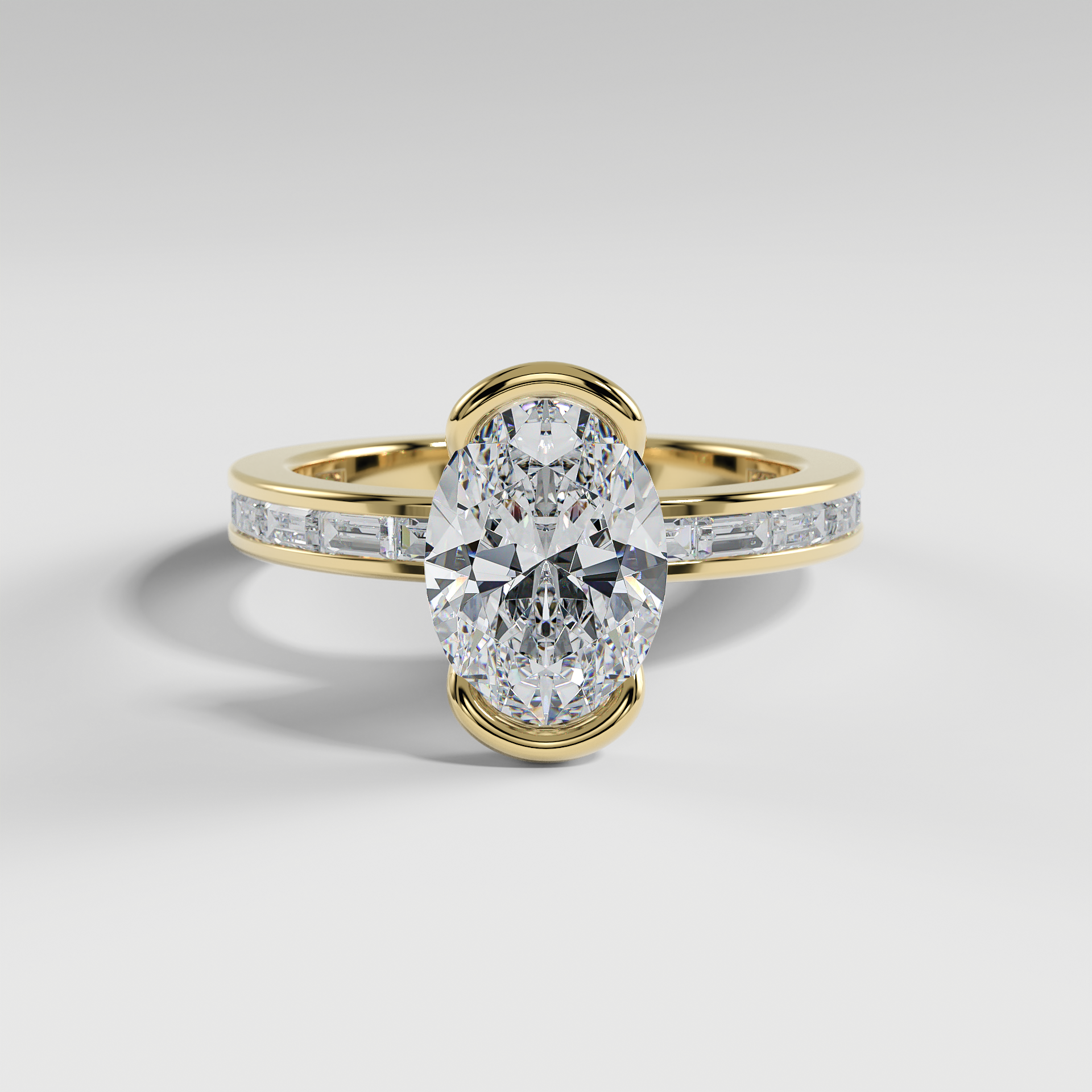 ADDISON - Oval Solitaire Engagement Ring with Half Bezel Setting and Channel Set Baguette Band