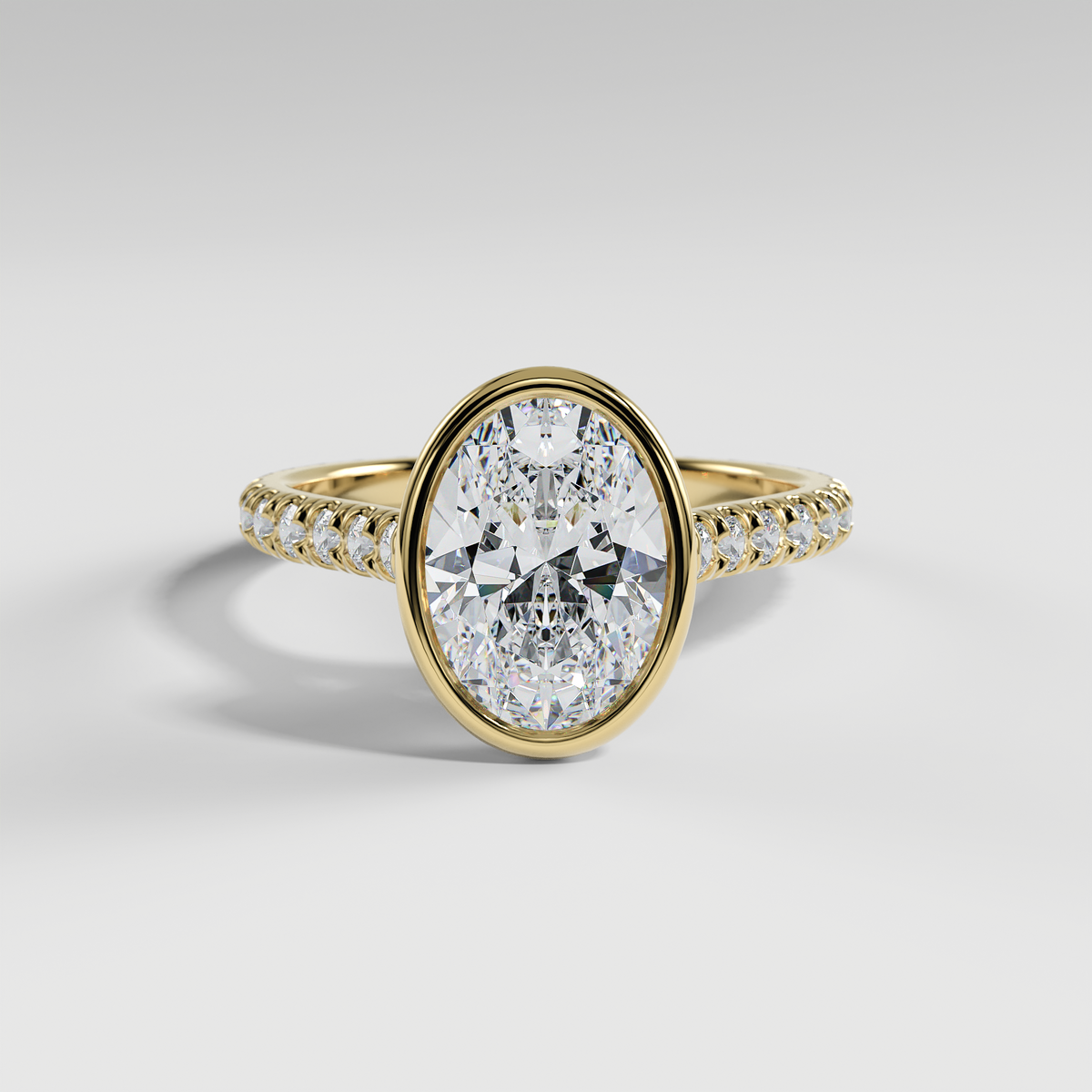 ABIGAIL - Oval Solitaire Engagement Ring with Pavé Diamond Cathedral Band and Full Bezel Setting