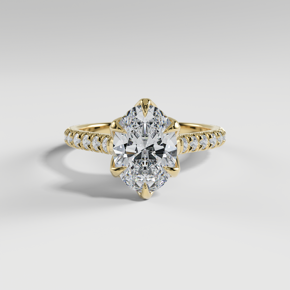 VIOLET - Oval Solitaire Engagement Ring with Pavé Diamond Cathedral Band and Lotus Basket