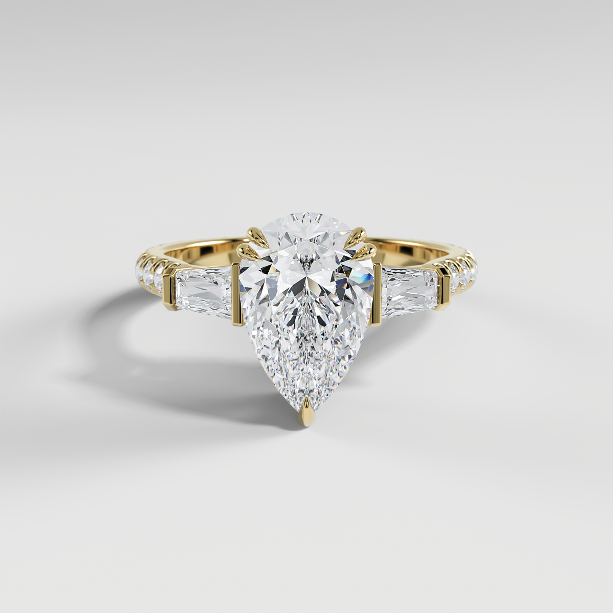 IVY - Pear Three-Stone Engagement Ring with Tapered Baguette Side Stones and Pavé Cathedral Band