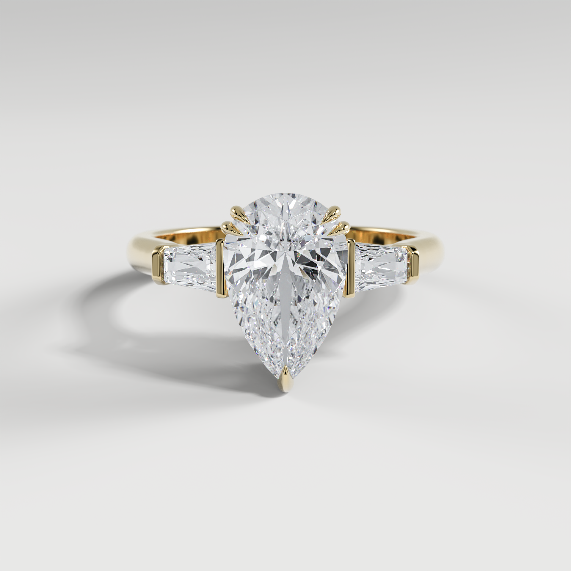 LILY - Pear Three-Stone Engagement Ring with Tapered Baguette Side Stones and Polished Cathedral Band