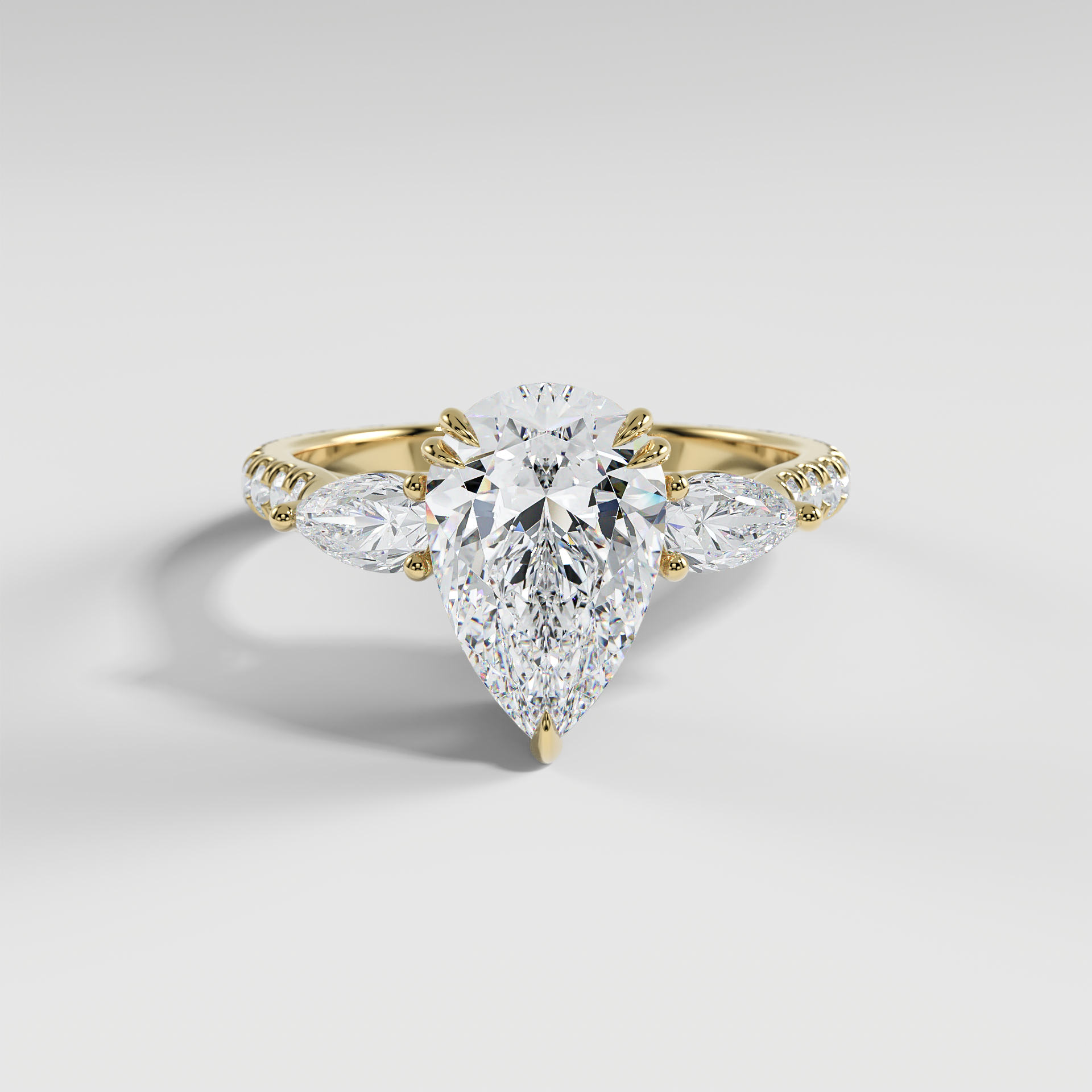ISLA - Pear Three-Stone Engagement Ring with Pear Side Stones and Pavé Cathedral Band