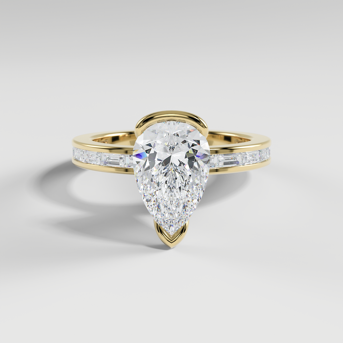 ADDISON - Pear Solitaire Engagement Ring with Half Bezel Setting and Channel Set Baguette Band
