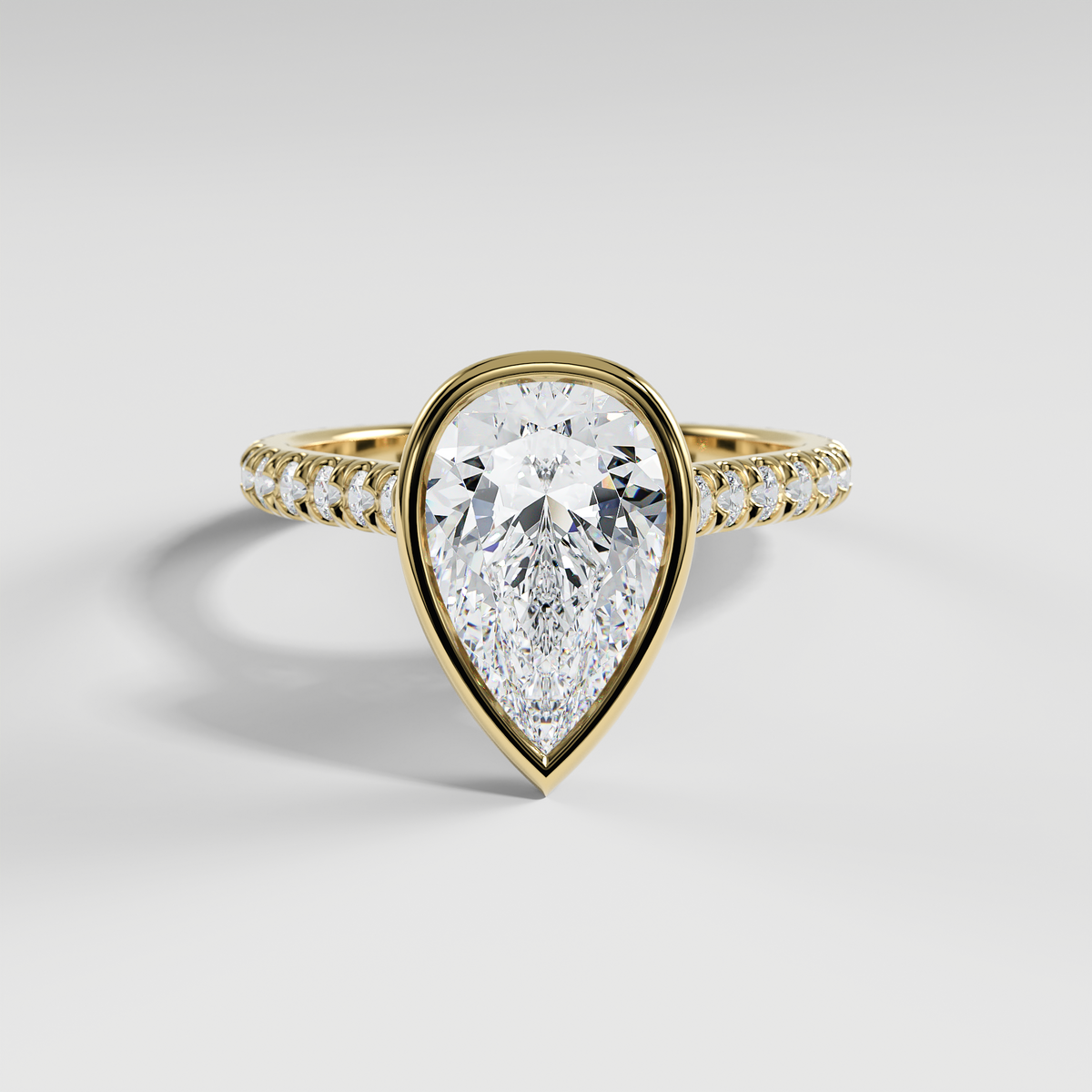 ABIGAIL - Pear Solitaire Engagement Ring with Pavé Diamond Cathedral Band and Full Bezel Setting