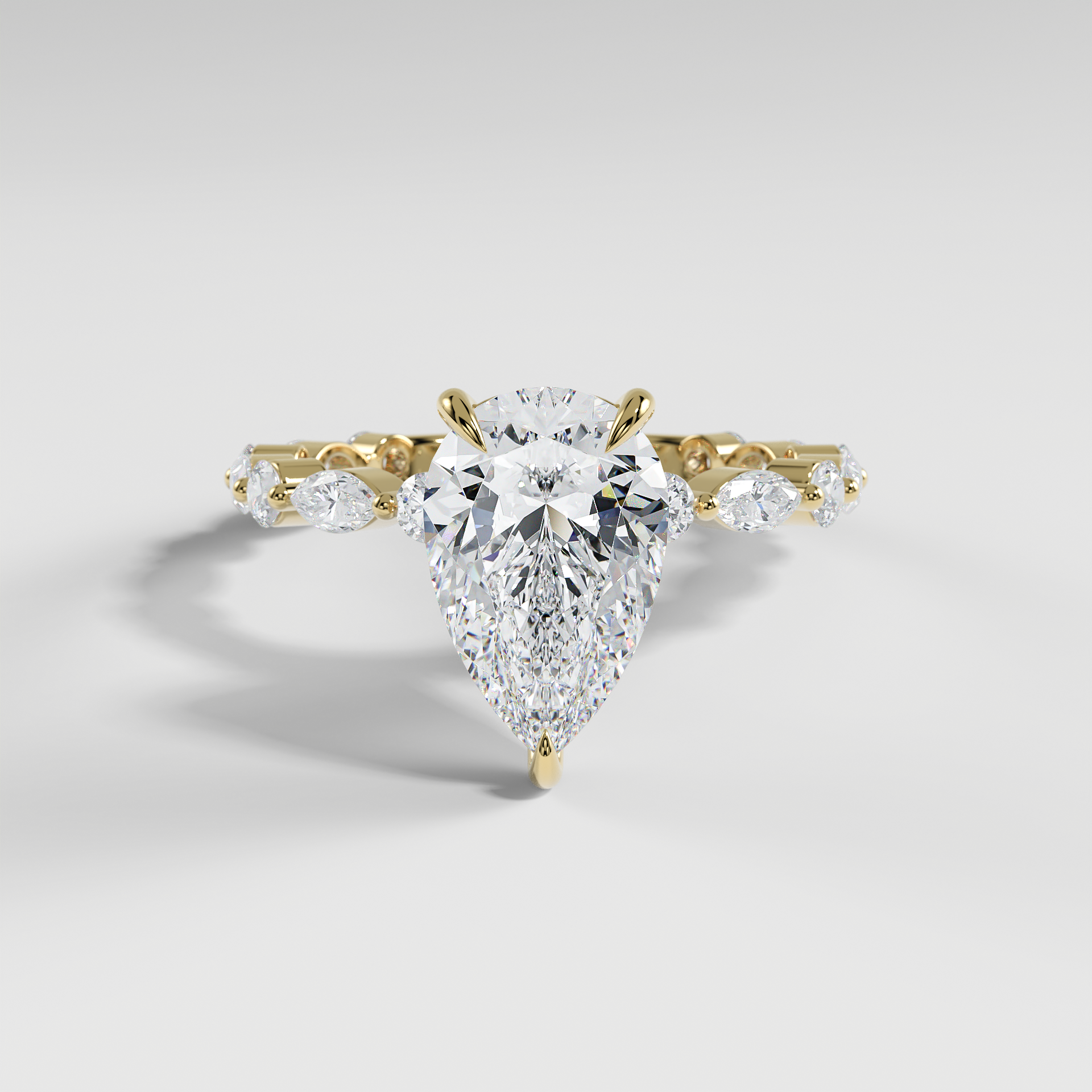 HANNAH - Pear Solitaire Engagement Ring with Marquise & Round Accent Stones and Hidden Halo
