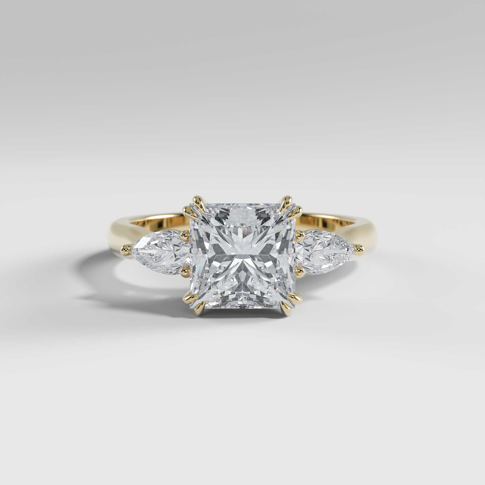 HAZEL - Princess Three-Stone Engagement Ring with Pear Side Stones and Polished Cathedral Band