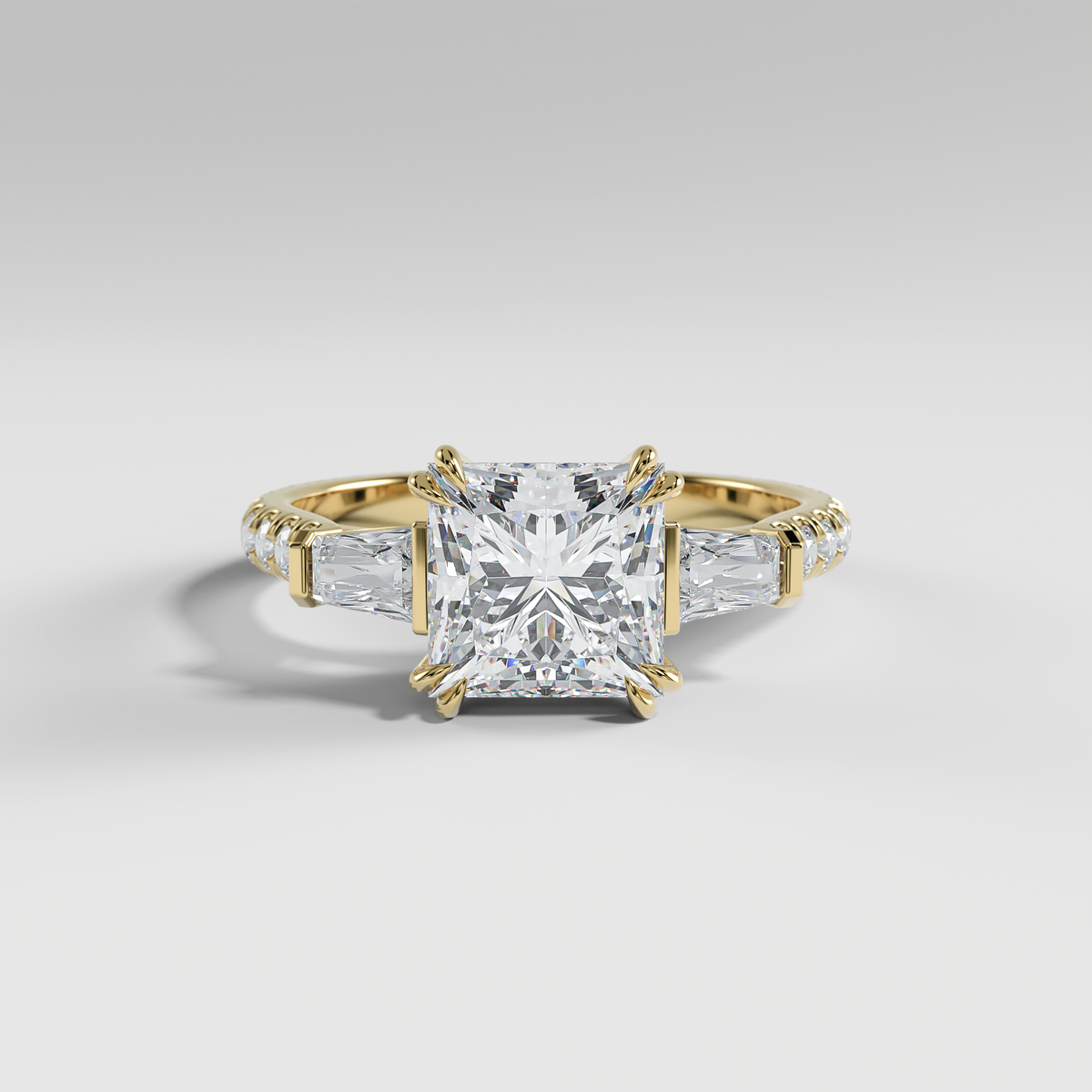IVY - Princess Three-Stone Engagement Ring with Tapered Baguette Side Stones and Pavé Cathedral Band