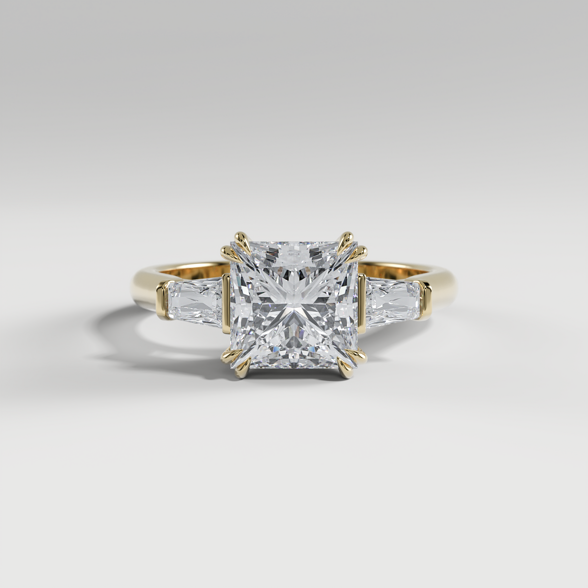 LILY - Princess Three-Stone Engagement Ring with Tapered Baguette Side Stones and Polished Cathedral Band