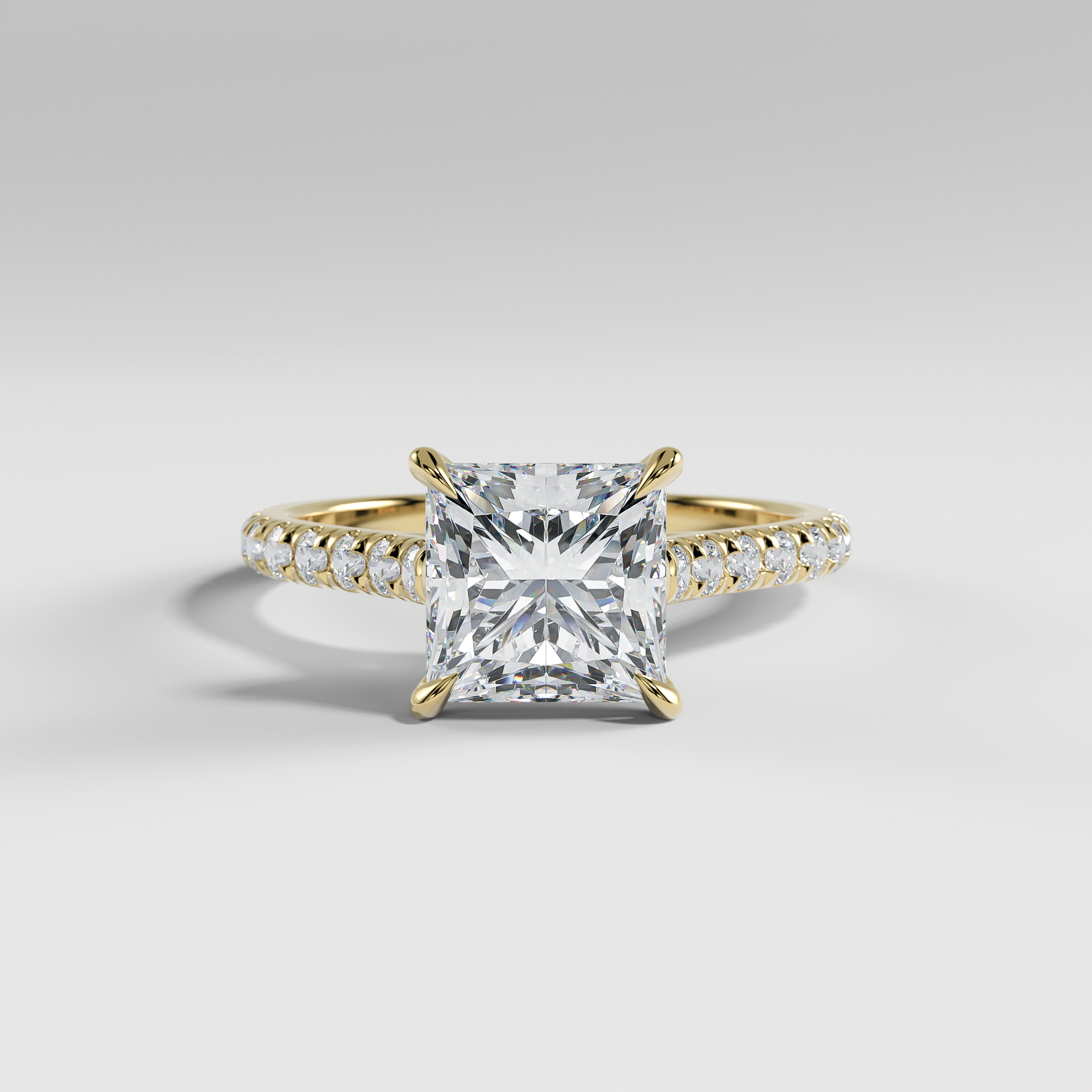 EVELYN - Princess Solitaire Engagement Ring with Pavé Cathedral Band