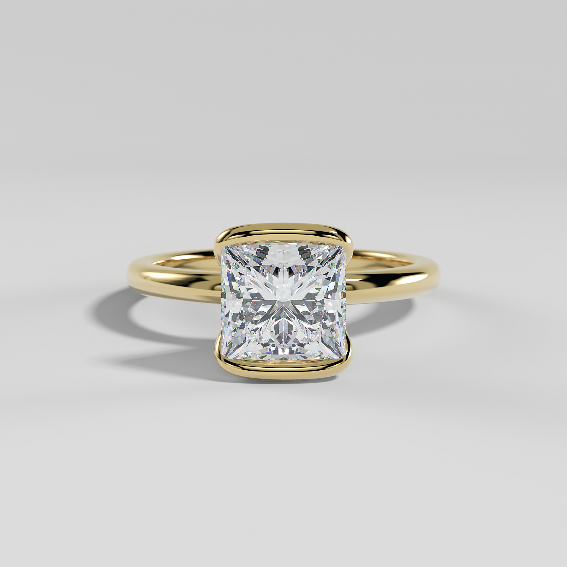 POPPY - Princess Solitaire Engagement Ring with Half Bezel Setting and Polished Band