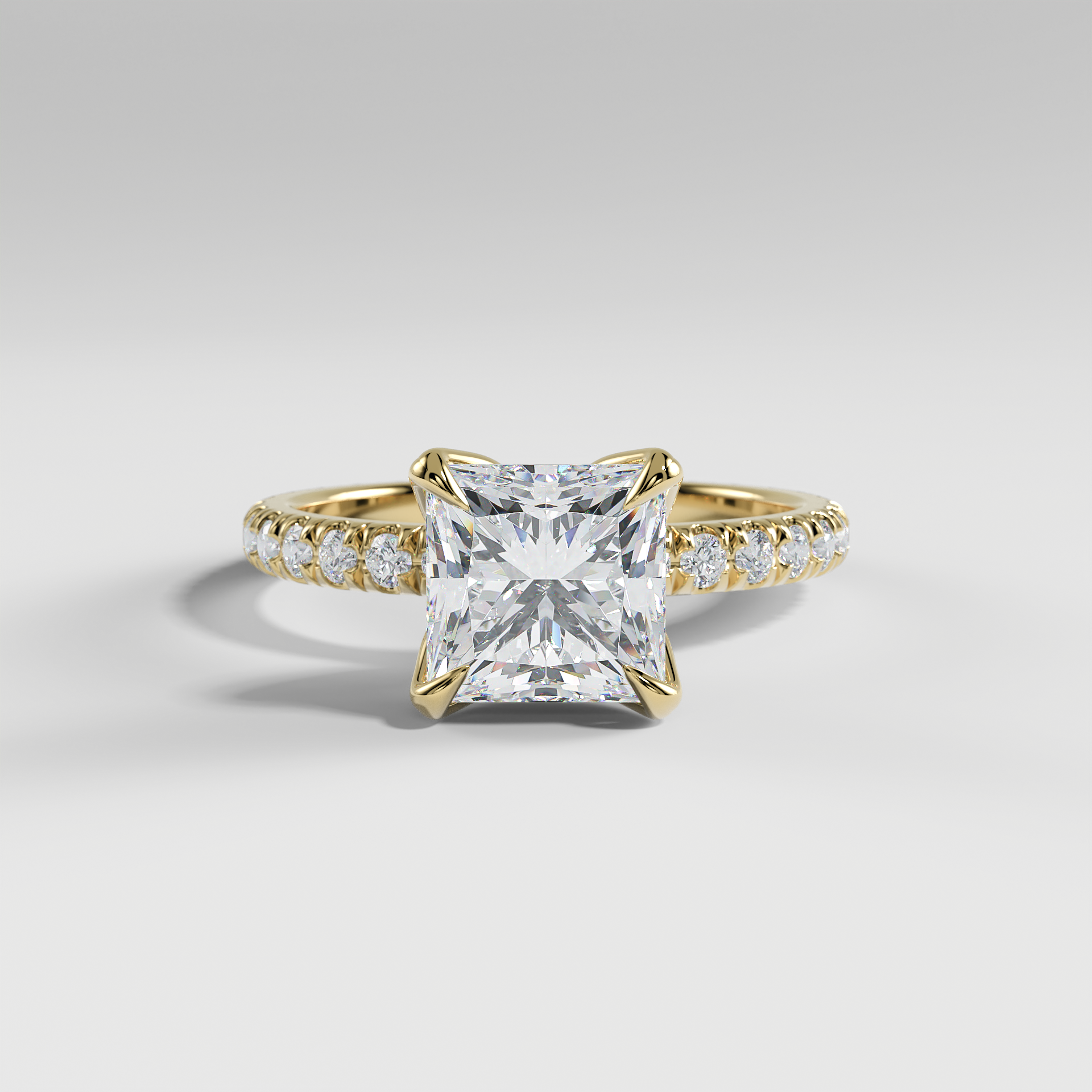 HAILEY - Princess Solitaire Engagement Ring with Pavé Diamond Band and Lotus Basket