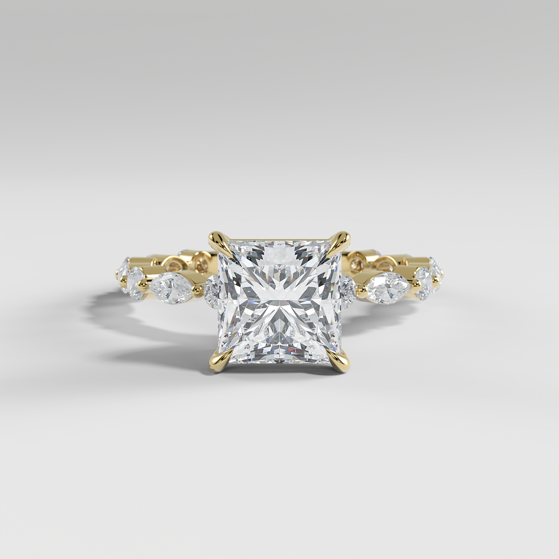 HANNAH - Princess Solitaire Engagement Ring with Marquise & Round Accent Stones and Hidden Halo