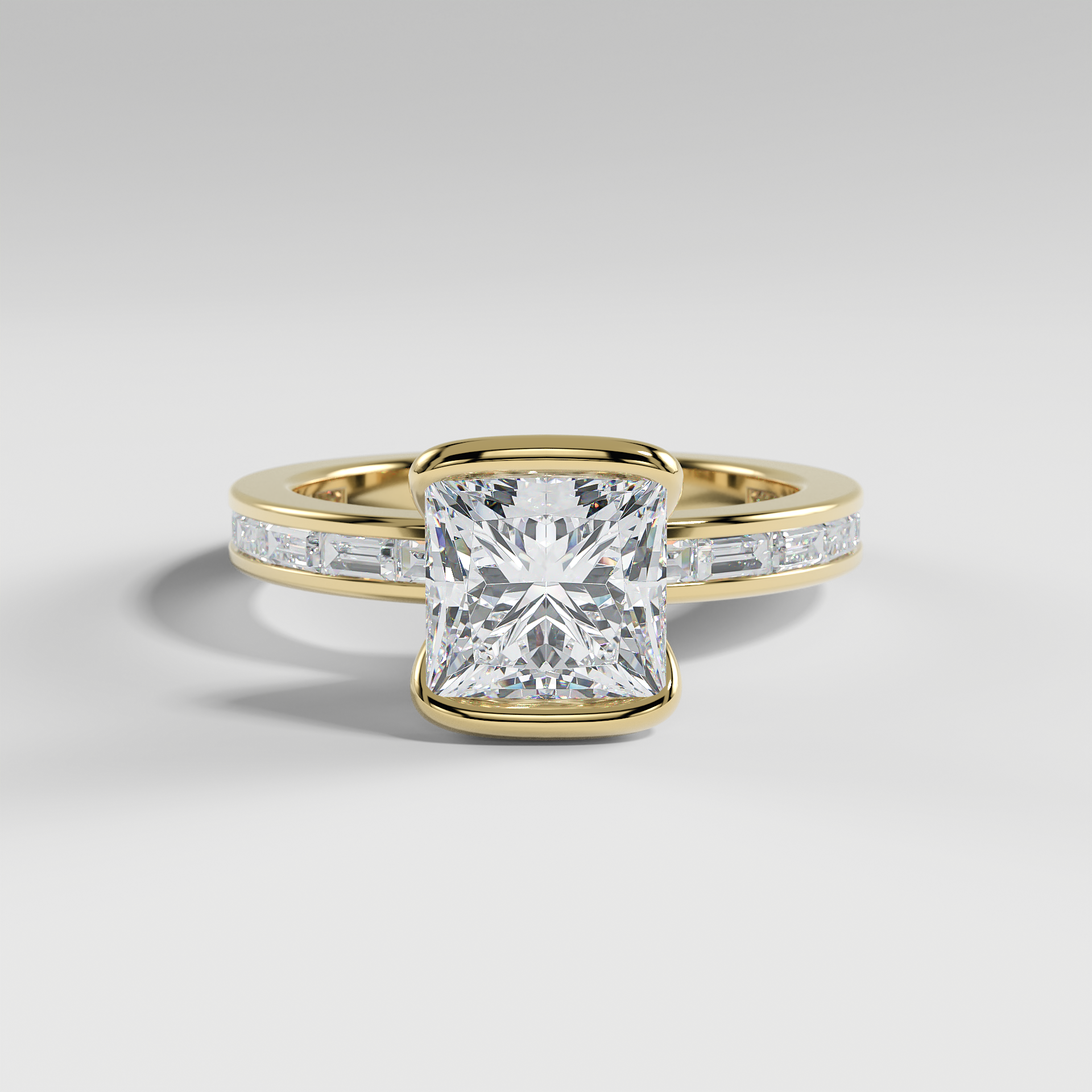 ADDISON - Princess Solitaire Engagement Ring with Half Bezel Setting and Channel Set Baguette Band