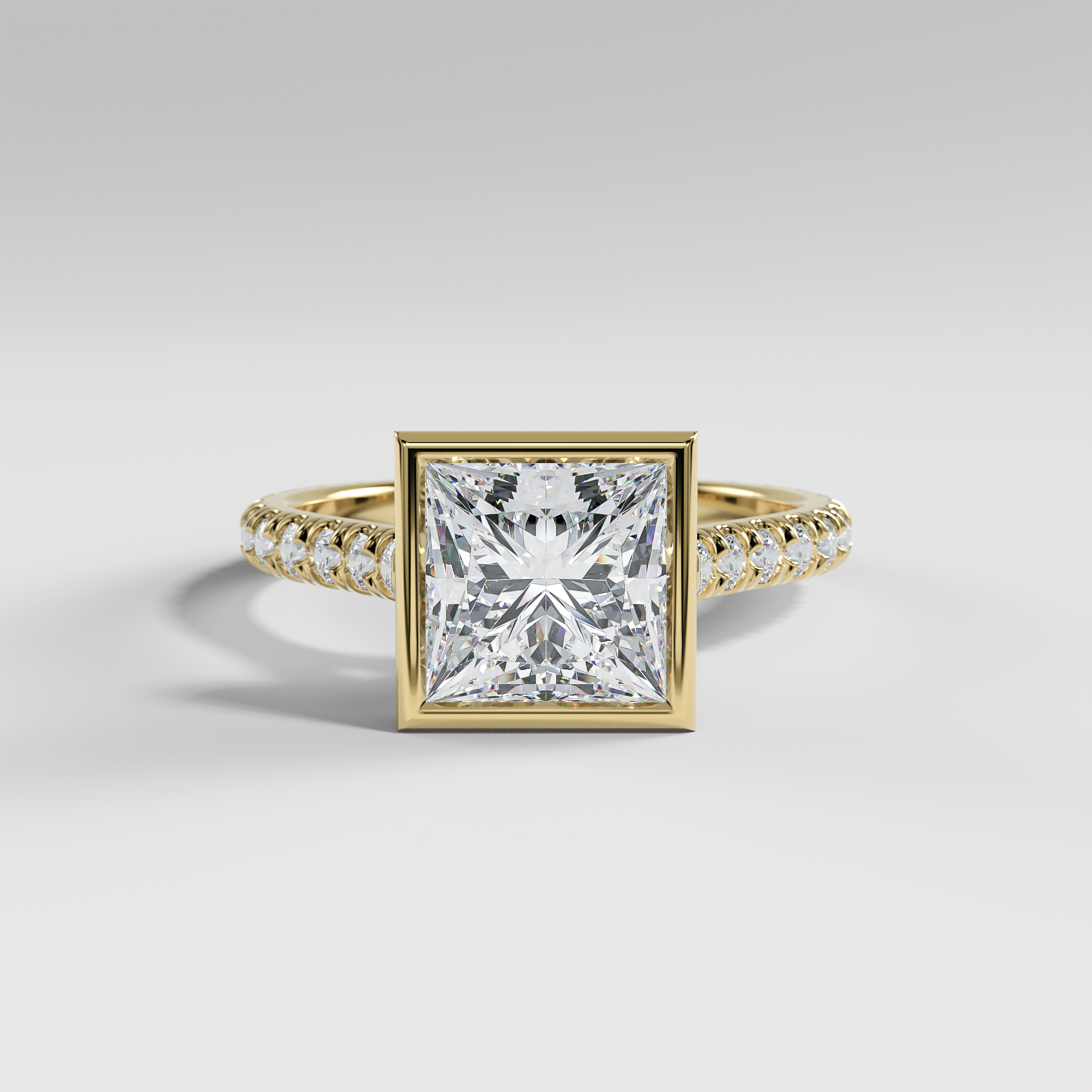 ABIGAIL - Princess Solitaire Engagement Ring with Pavé Diamond Cathedral Band and Full Bezel Setting