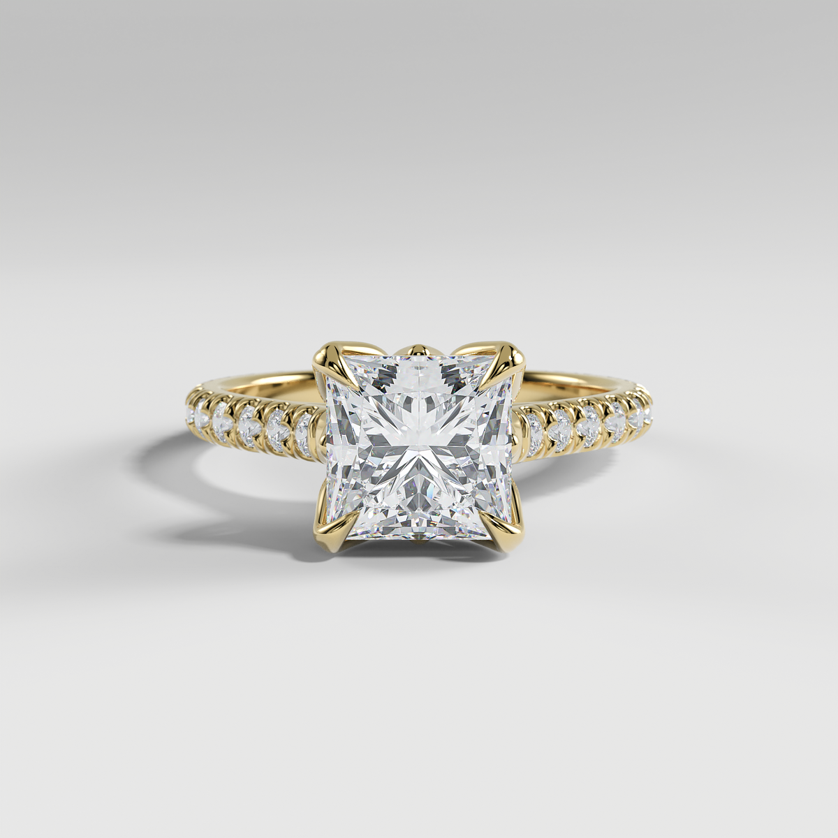 VIOLET - Princess Solitaire Engagement Ring with Pavé Diamond Cathedral Band and Lotus Basket