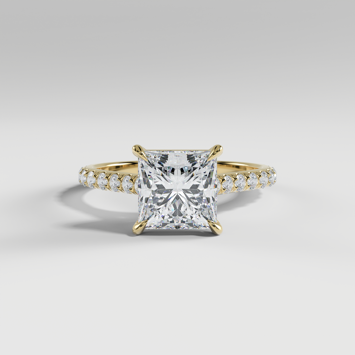 CHARLOTTE - Princess Solitaire Engagement Ring with Pavé, Cathedral Band, and Hidden Halo