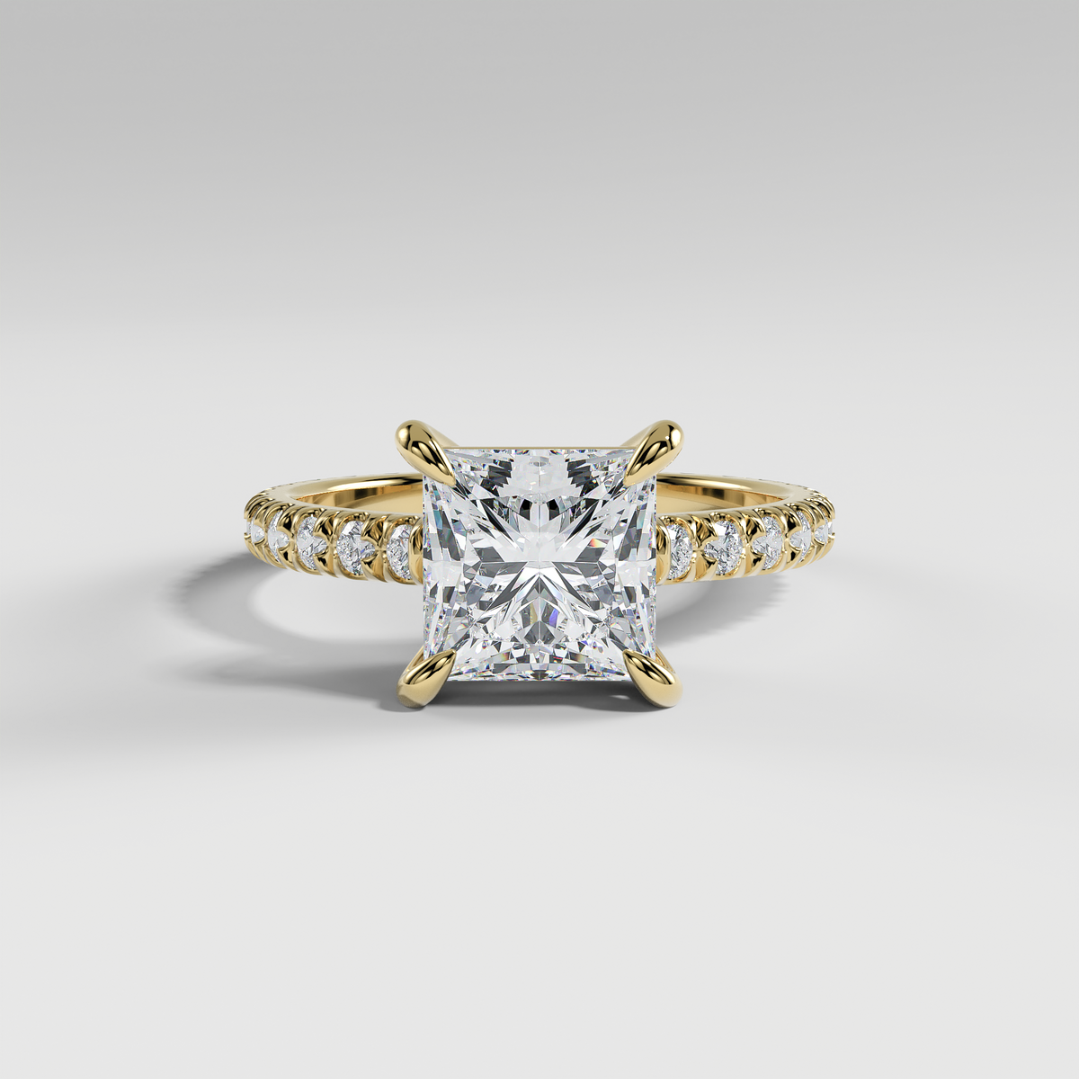 DELILAH - Princess Solitaire Engagement Ring with Pavé Diamond Band and Low-Set Donut Basket