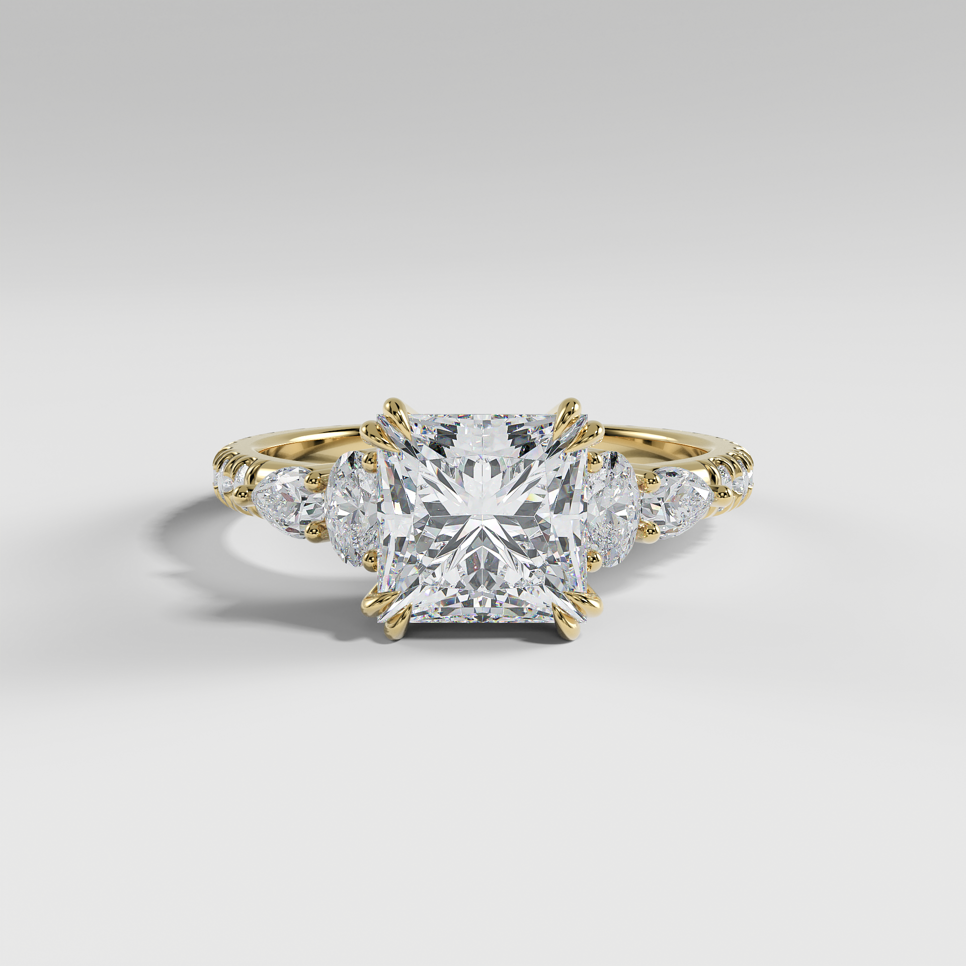 ELEANOR - Princess Five-Stone Diamond Ring with Oval & Pear Side Stones and Pavé Band