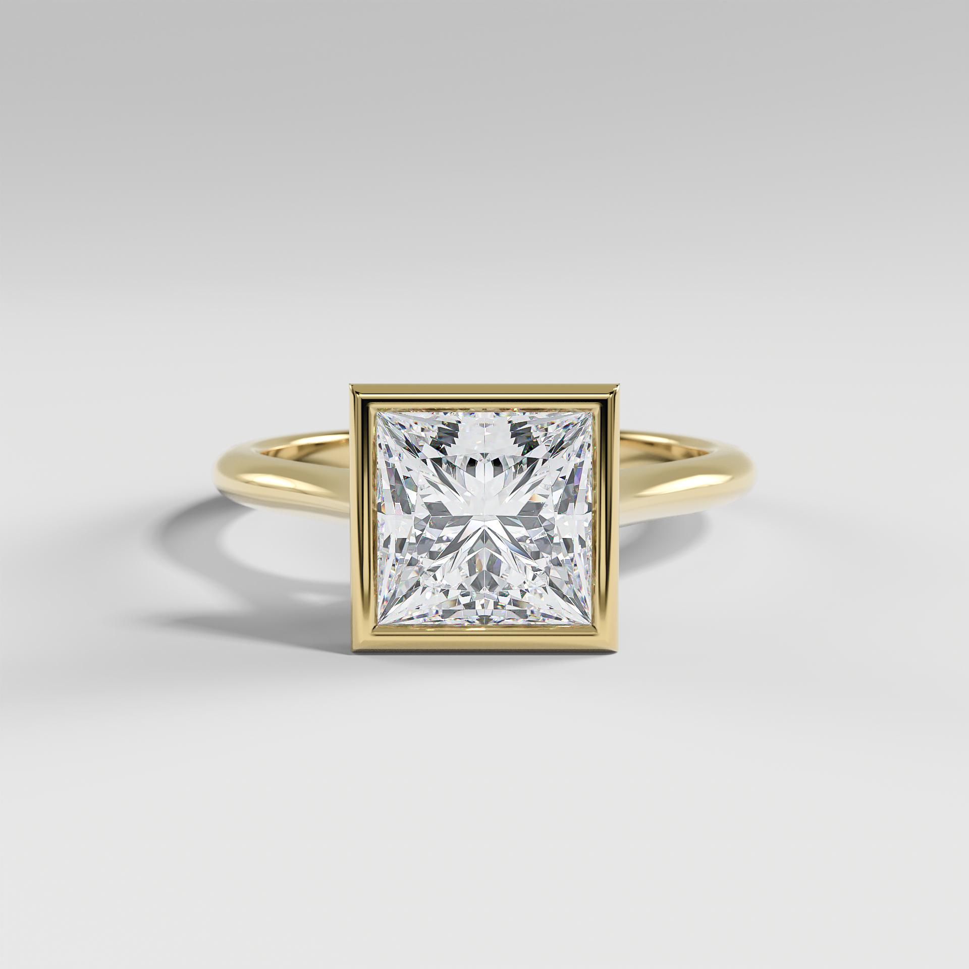 SCARLETT - Princess Solitaire Engagement Ring with Full Bezel Setting and Polished Cathedral Band