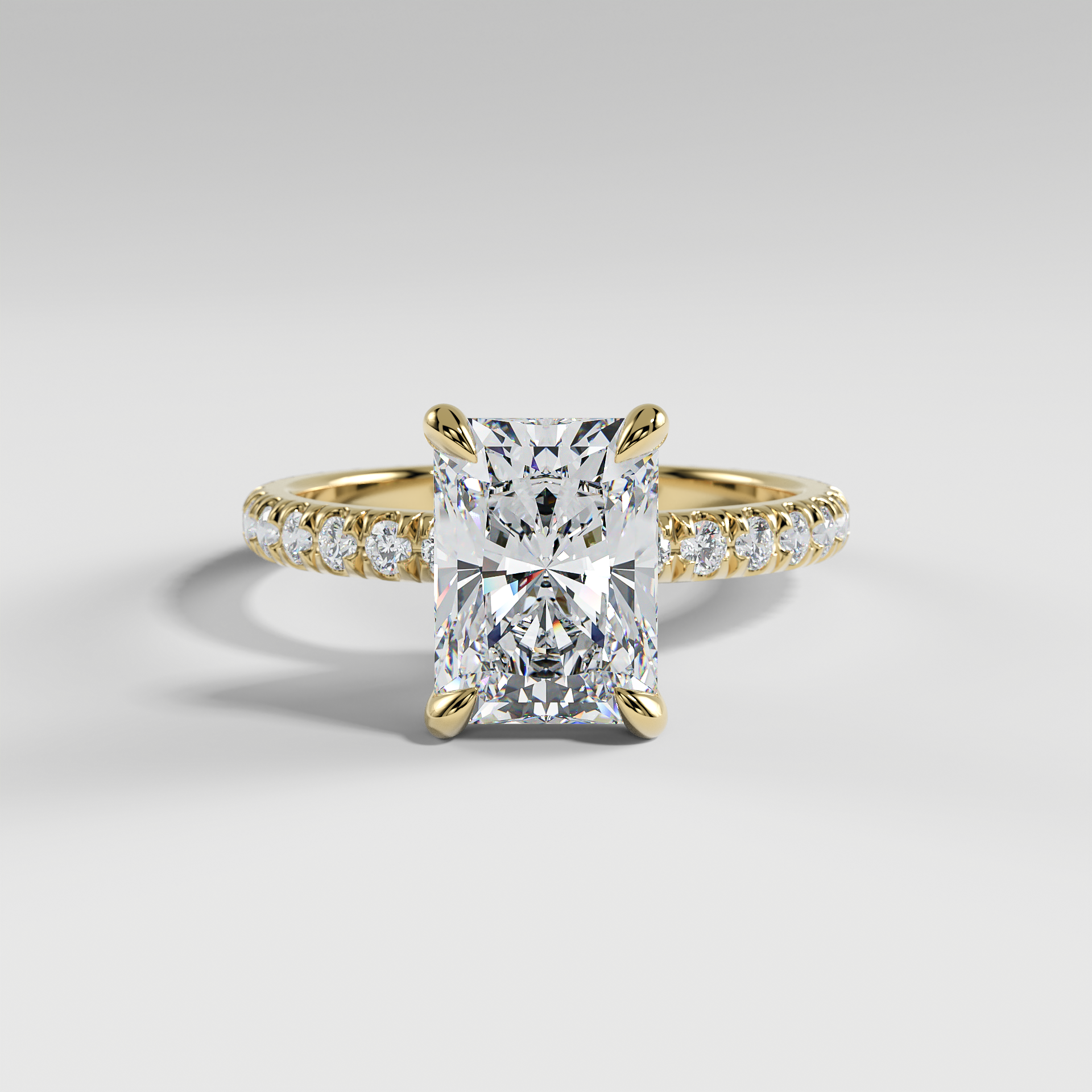 GRACE - Radiant Solitaire Engagement Ring with Pavé Diamond Band and Open Basket Setting