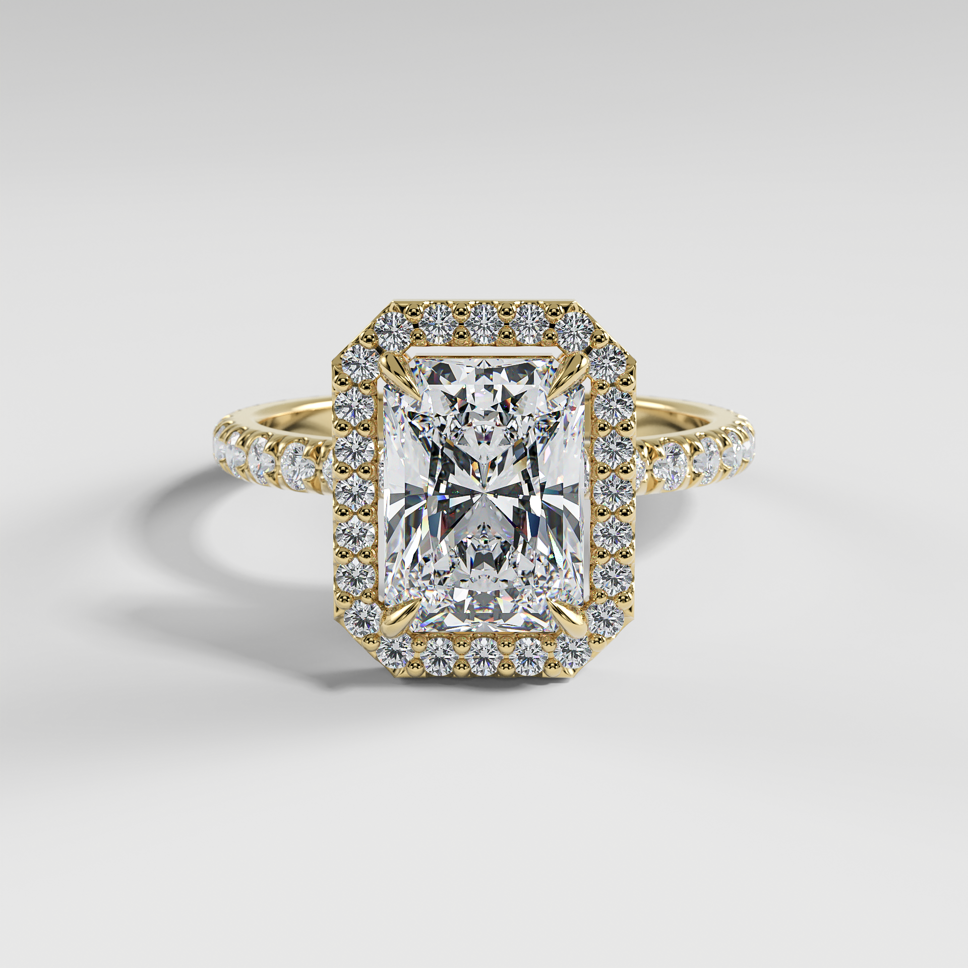 AVA - Radiant Halo Engagement Ring with Pavé Diamond Band