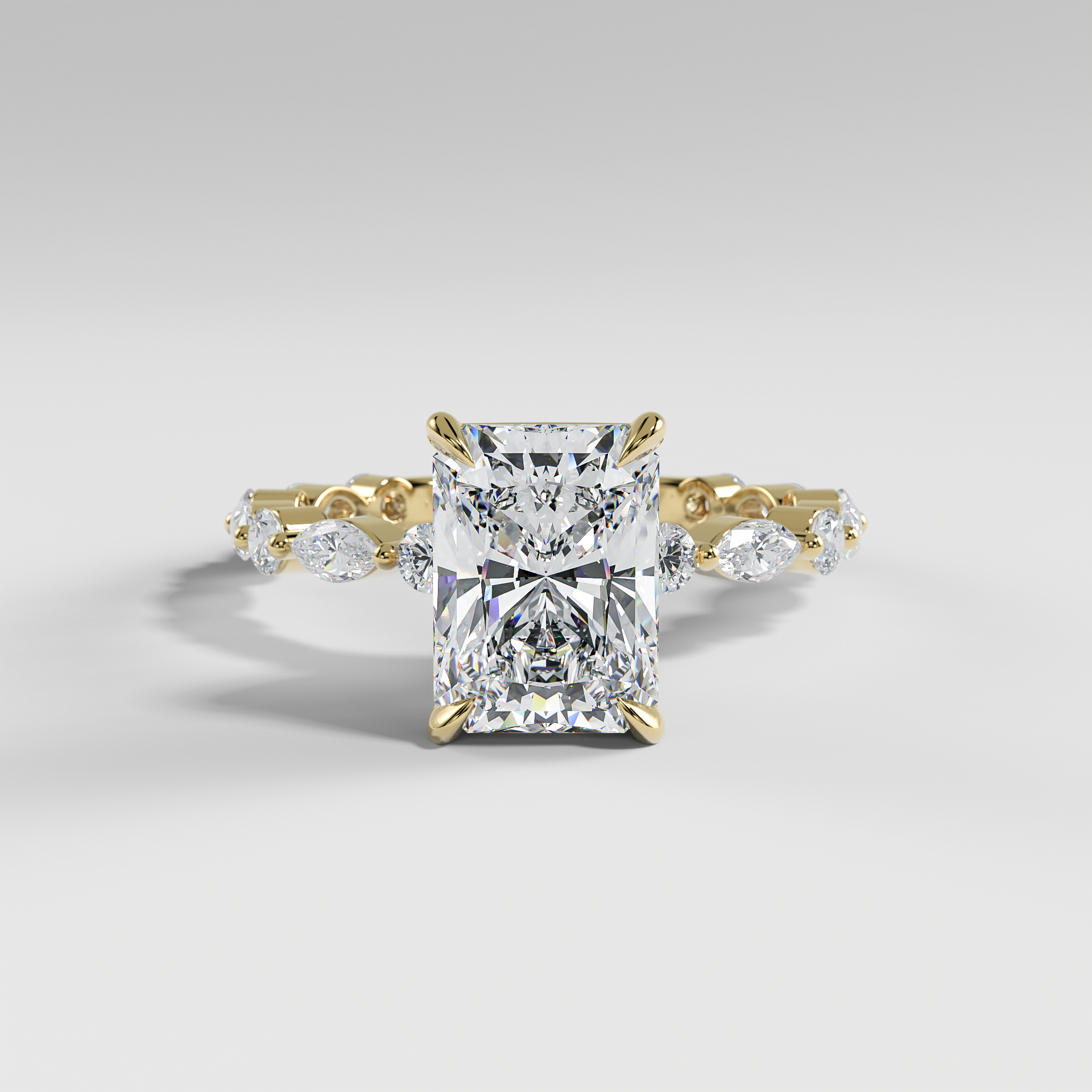 HANNAH - Radiant Solitaire Engagement Ring with Marquise & Round Accent Stones and Hidden Halo