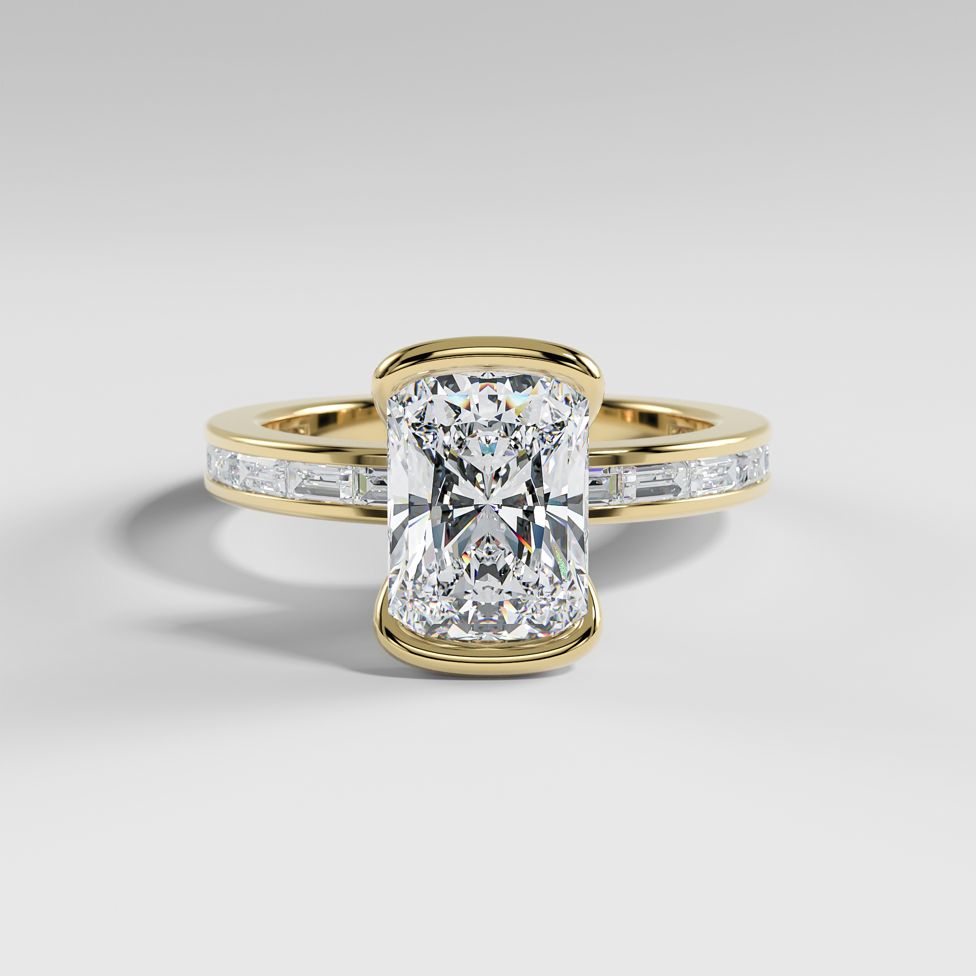 ADDISON - Radiant Solitaire Engagement Ring with Half Bezel Setting and Channel Set Baguette Band