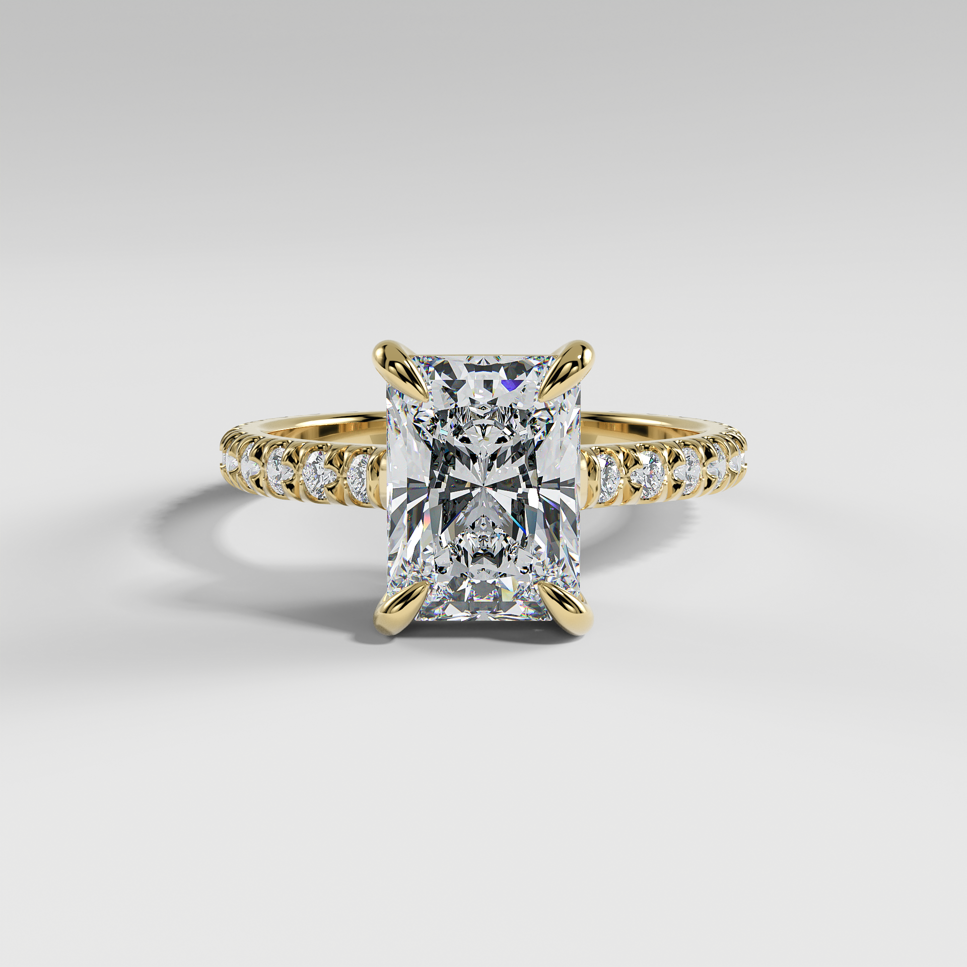 DELILAH - Radiant Solitaire Engagement Ring with Pavé Diamond Band and Low-Set Donut Basket