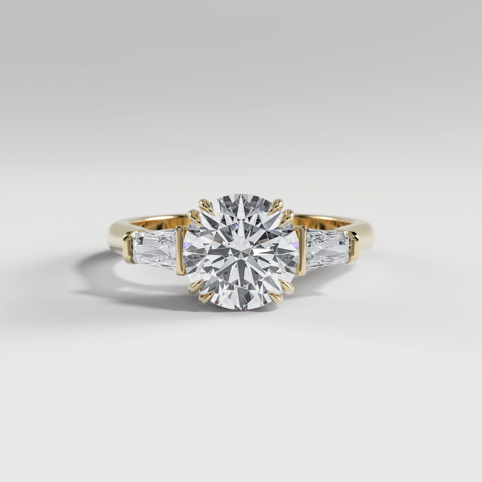 LILY - Round Three-Stone Engagement Ring with Tapered Baguette Side Stones and Polished Cathedral Band