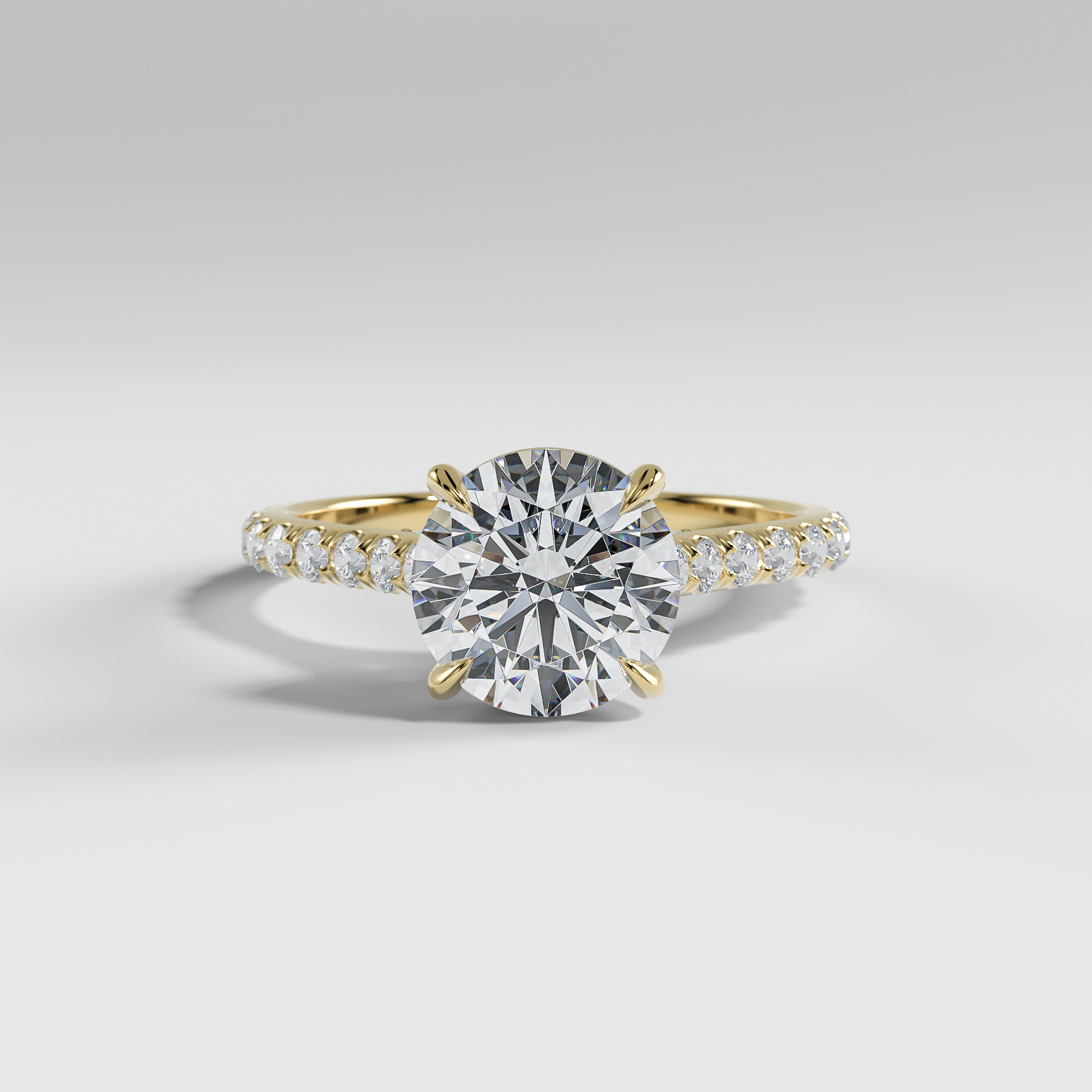 LUCY - Round Solitaire Engagement Ring with Pavé, Cathedral Band, Hidden Halo, and Pavé Bridge